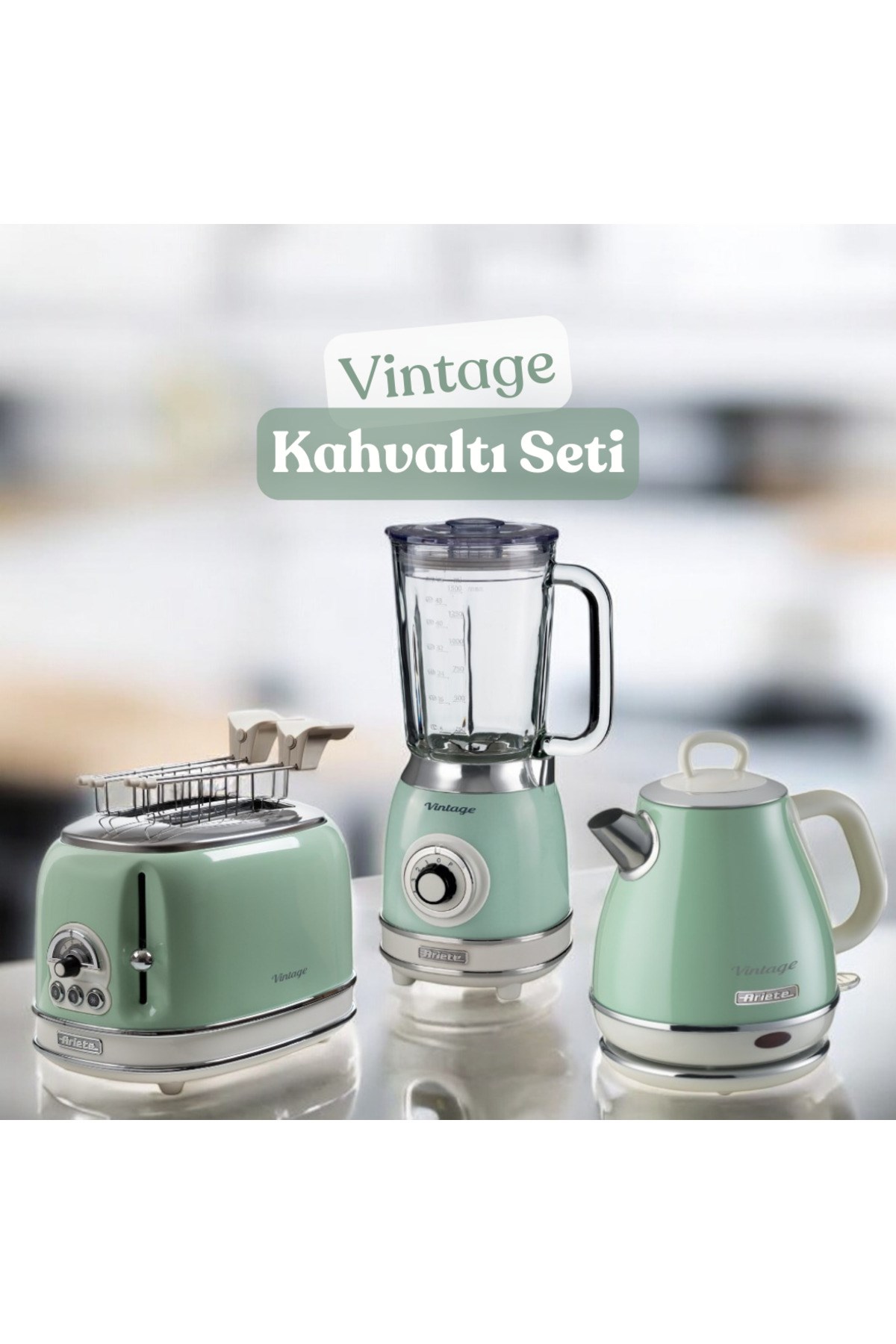 Vintage Kahvaltı Seti Su Isıtıcı Kettle + Smoothie Cam Blender + Ekmek Kızartma Makinesi + Fi