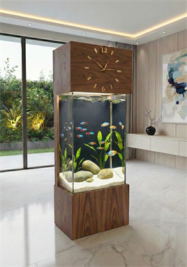 Büyük Boy, Led ışıklı Saatli Kule Akvaryum Ahşap, Ceviz