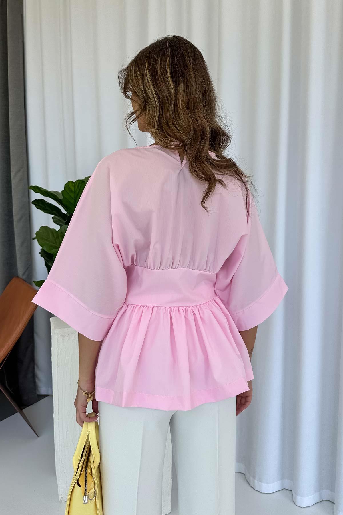 Beli Kuşak Detaylı Tasarım Kadın Bluz - Pembe