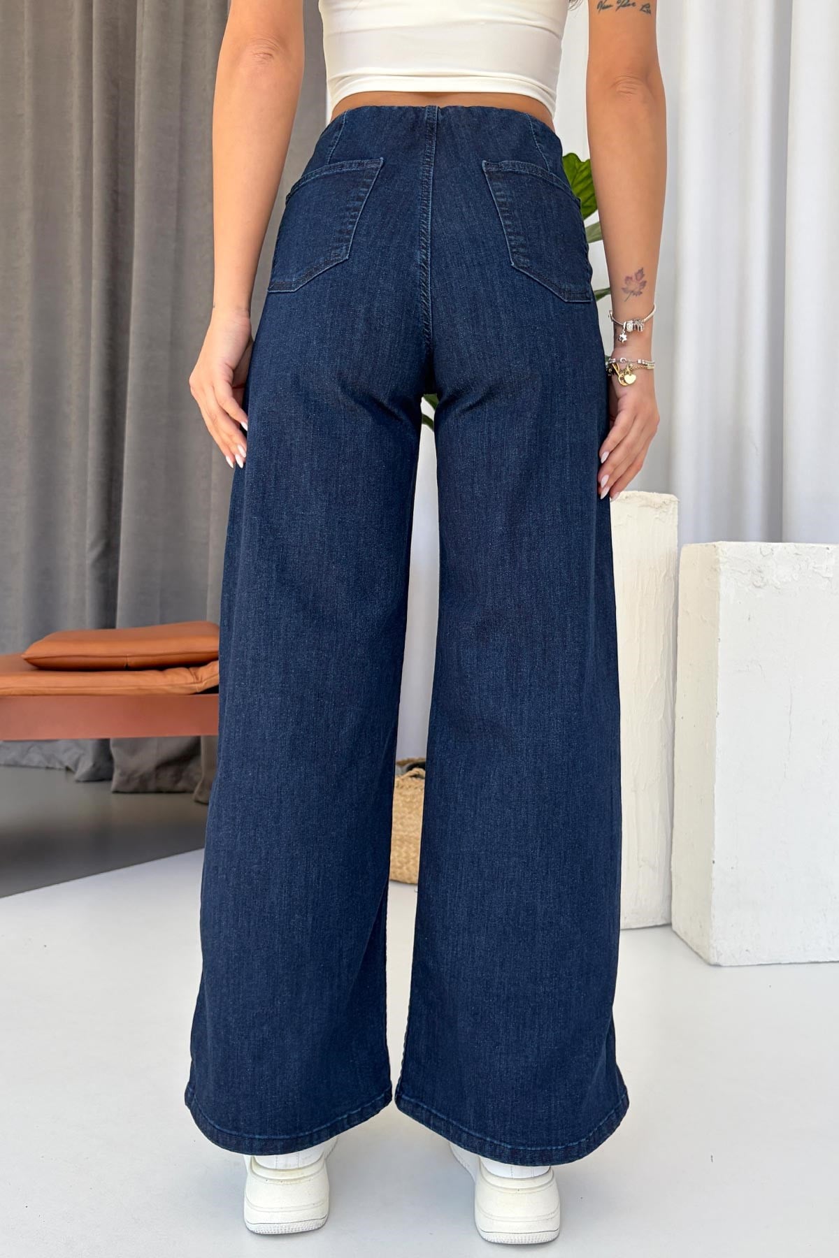 Beli Lastikli Denim Kadın Pantolon - Lacivert