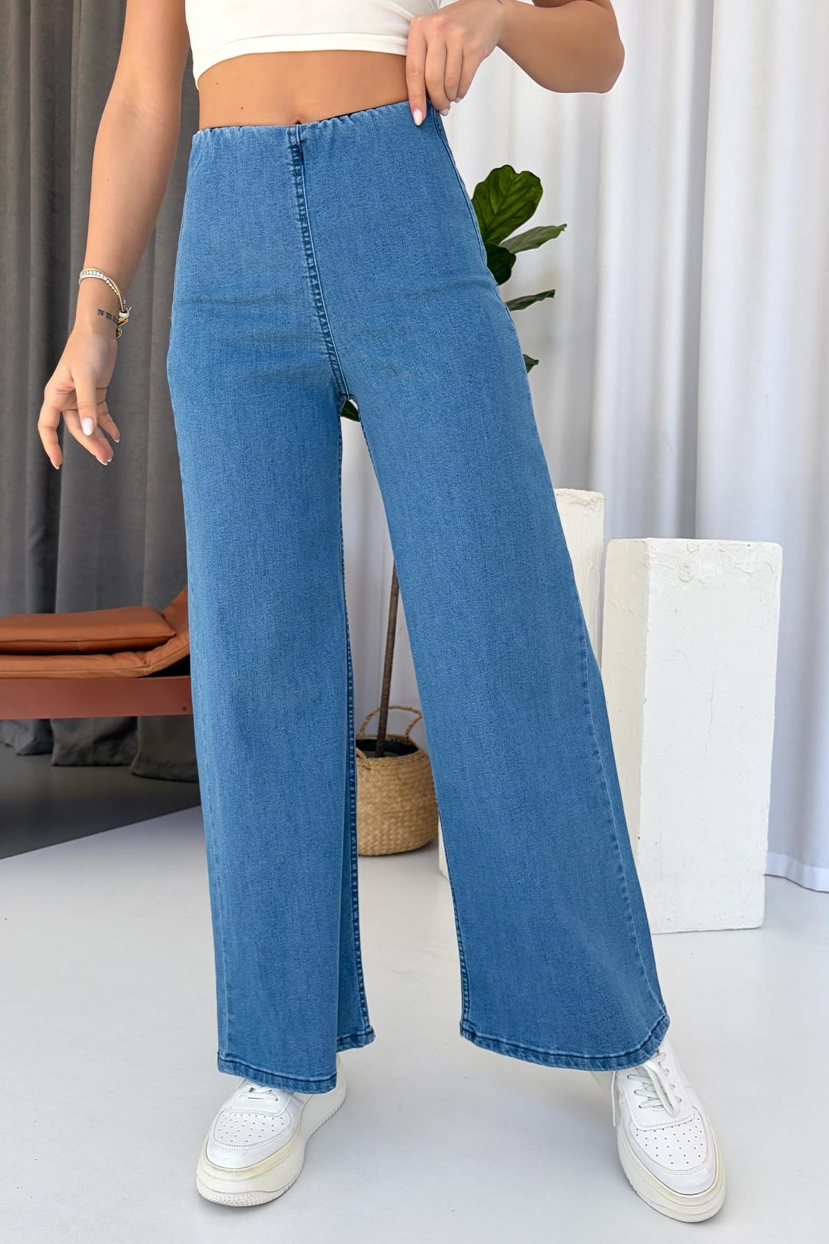Beli Lastikli Denim Kadın Pantolon - Mavi