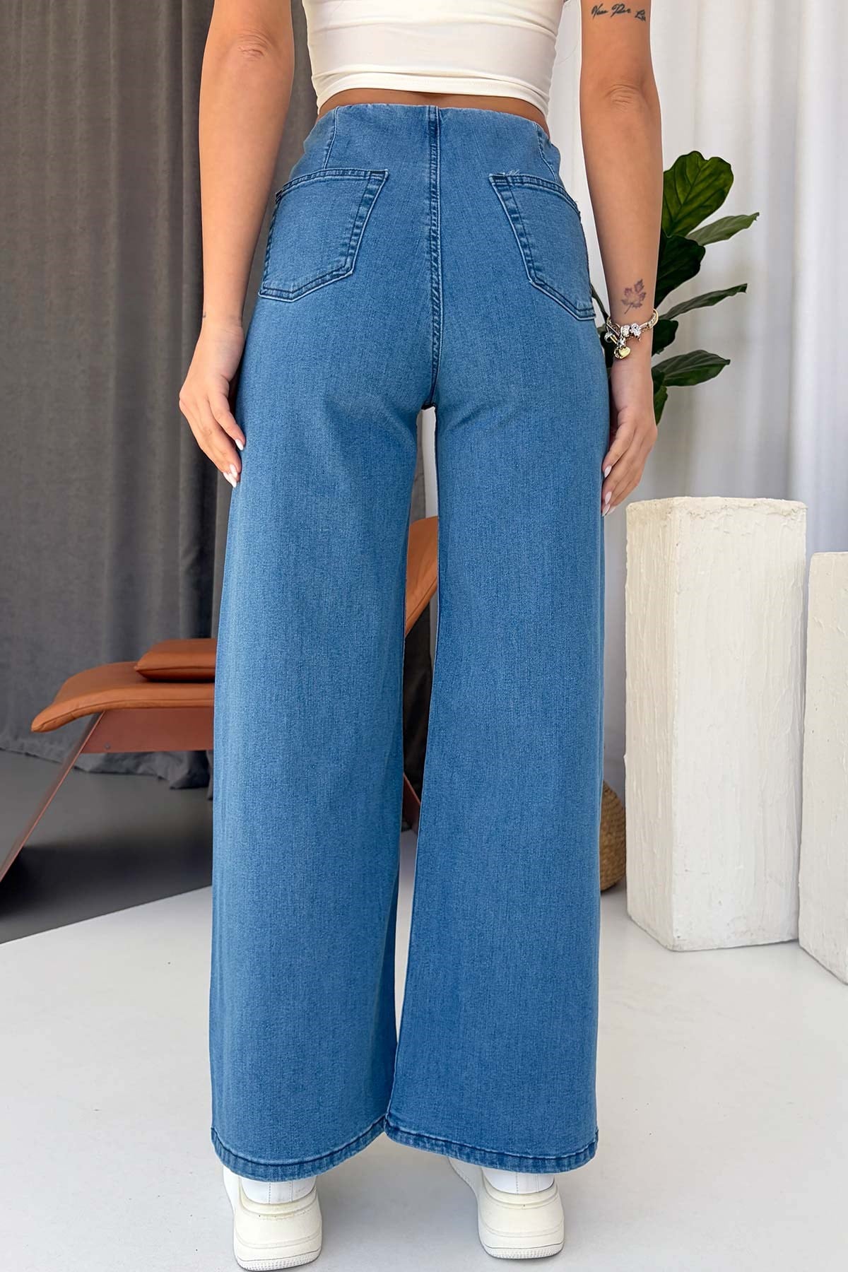 Beli Lastikli Denim Kadın Pantolon - Mavi