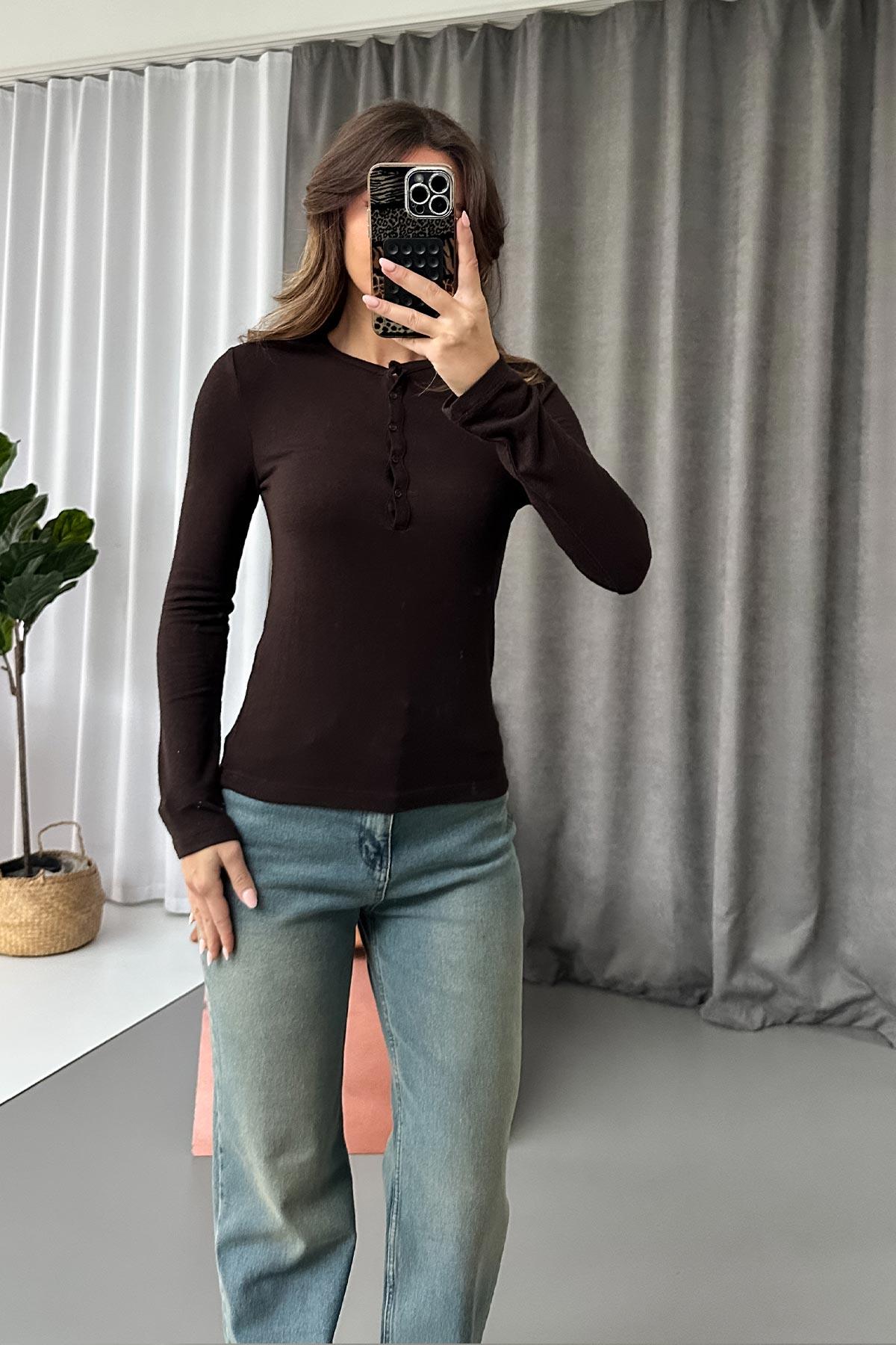 Bisiklet Yaka Düğmeli Dilvin Basic Bluz - Kahverengi