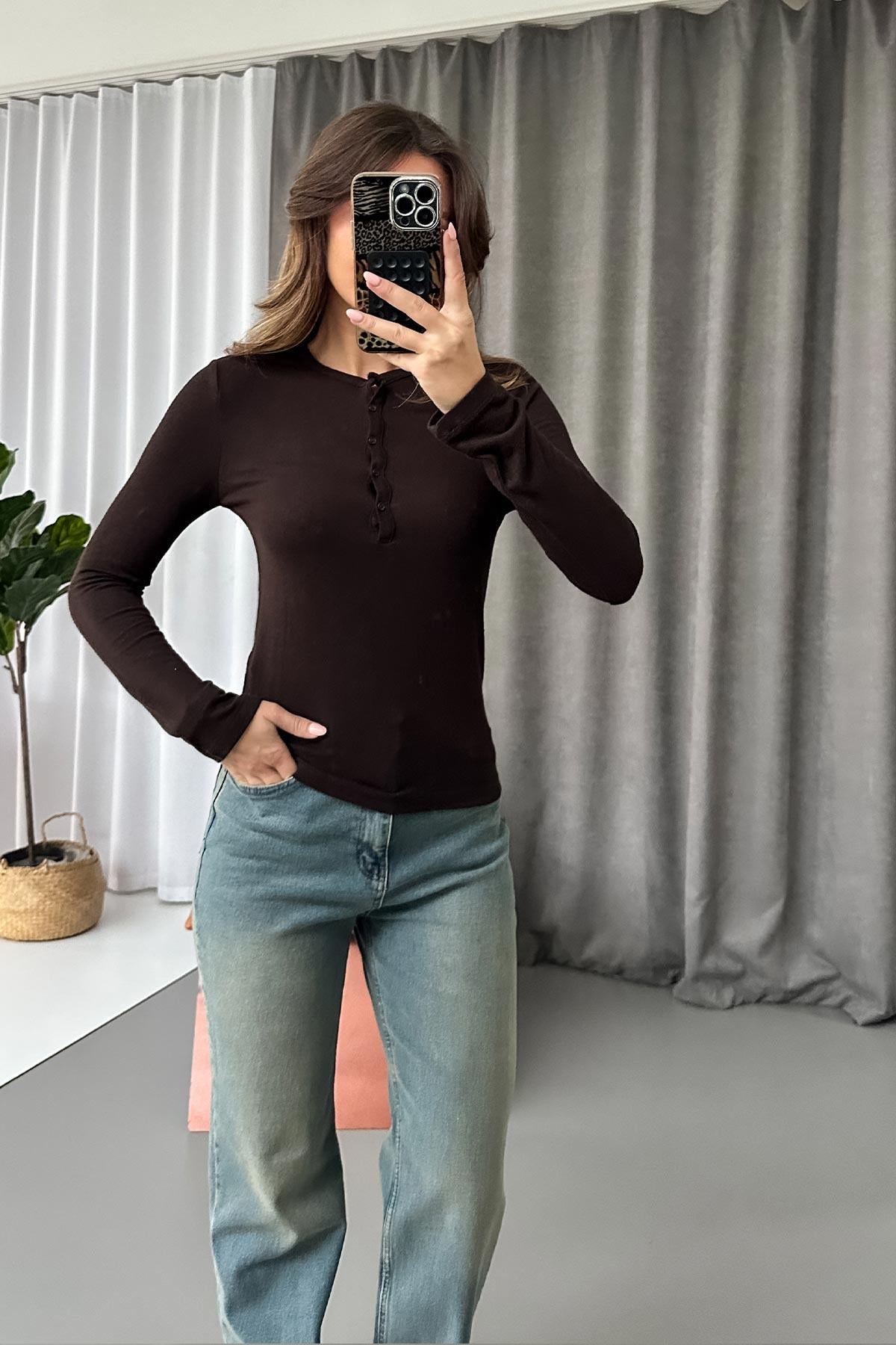 Bisiklet Yaka Düğmeli Dilvin Basic Bluz - Kahverengi