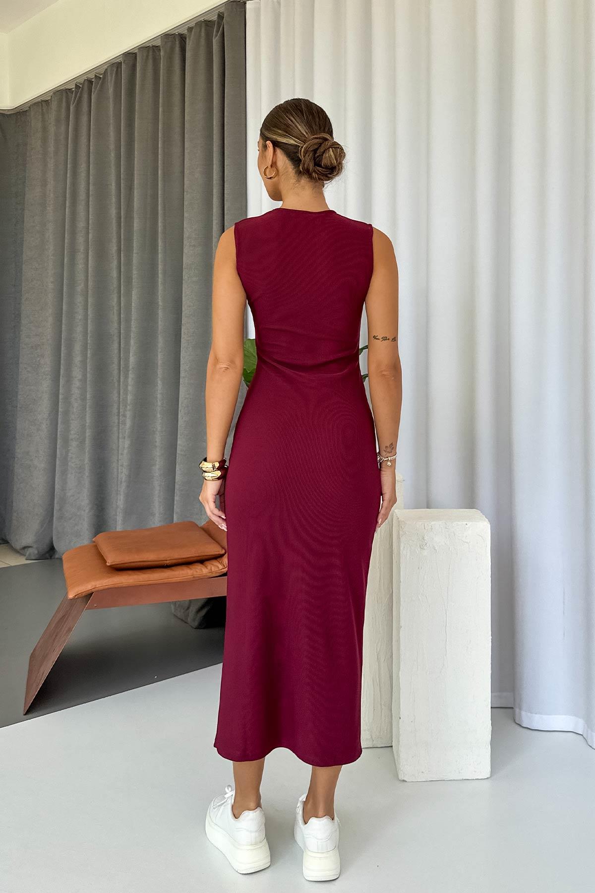 Bisiklet Yaka Ottoman Üç Düğmeli Elbise - Bordo