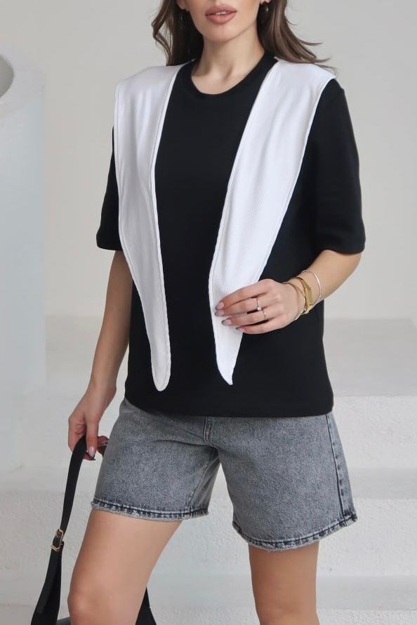 Bisiklet Yaka Pamuklu Kumaş Şal Detay T-Shirt - Siyah