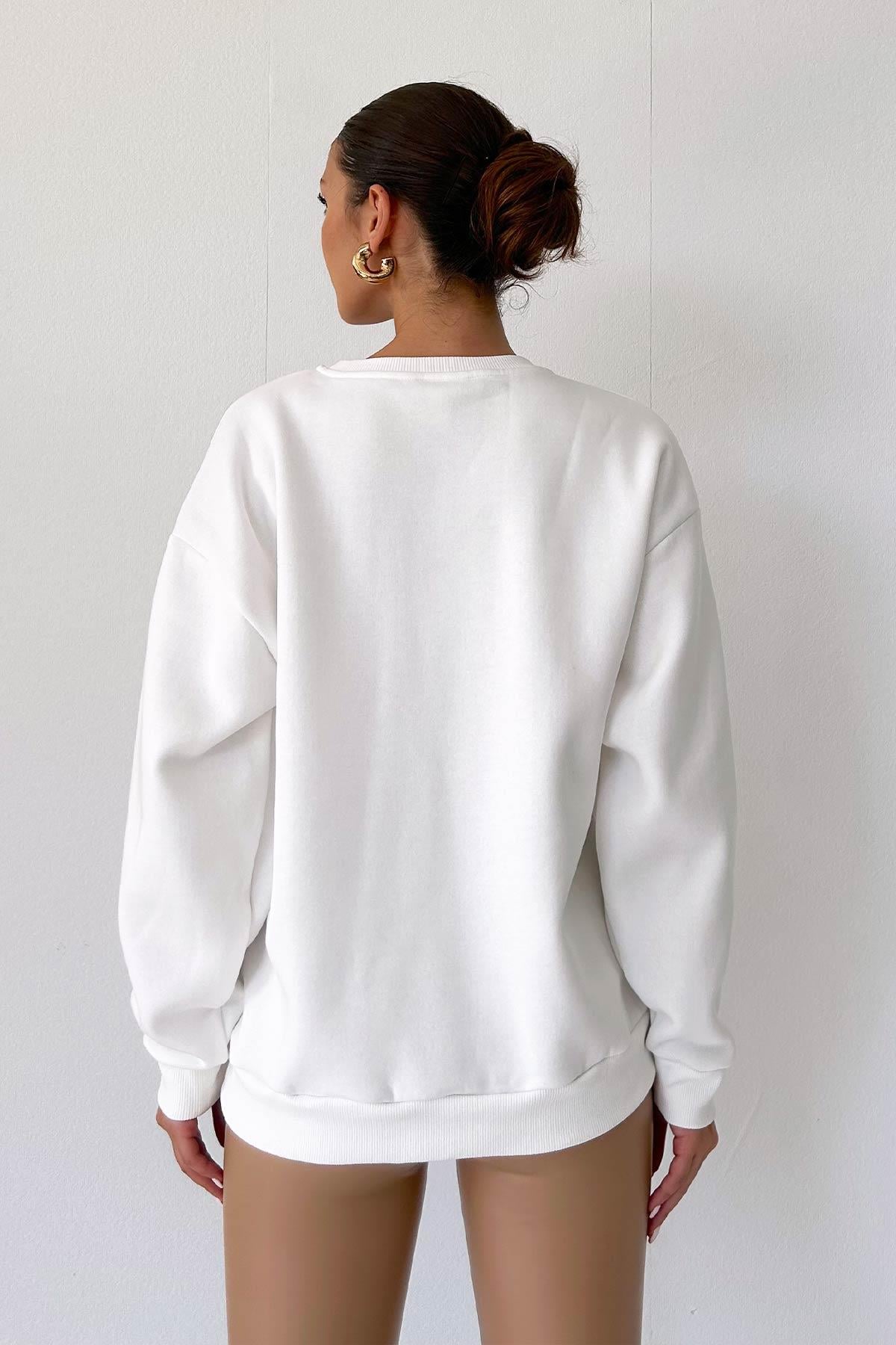 Bisiklet Yaka Şardonlu Kadın Sweatshirt - Beyaz