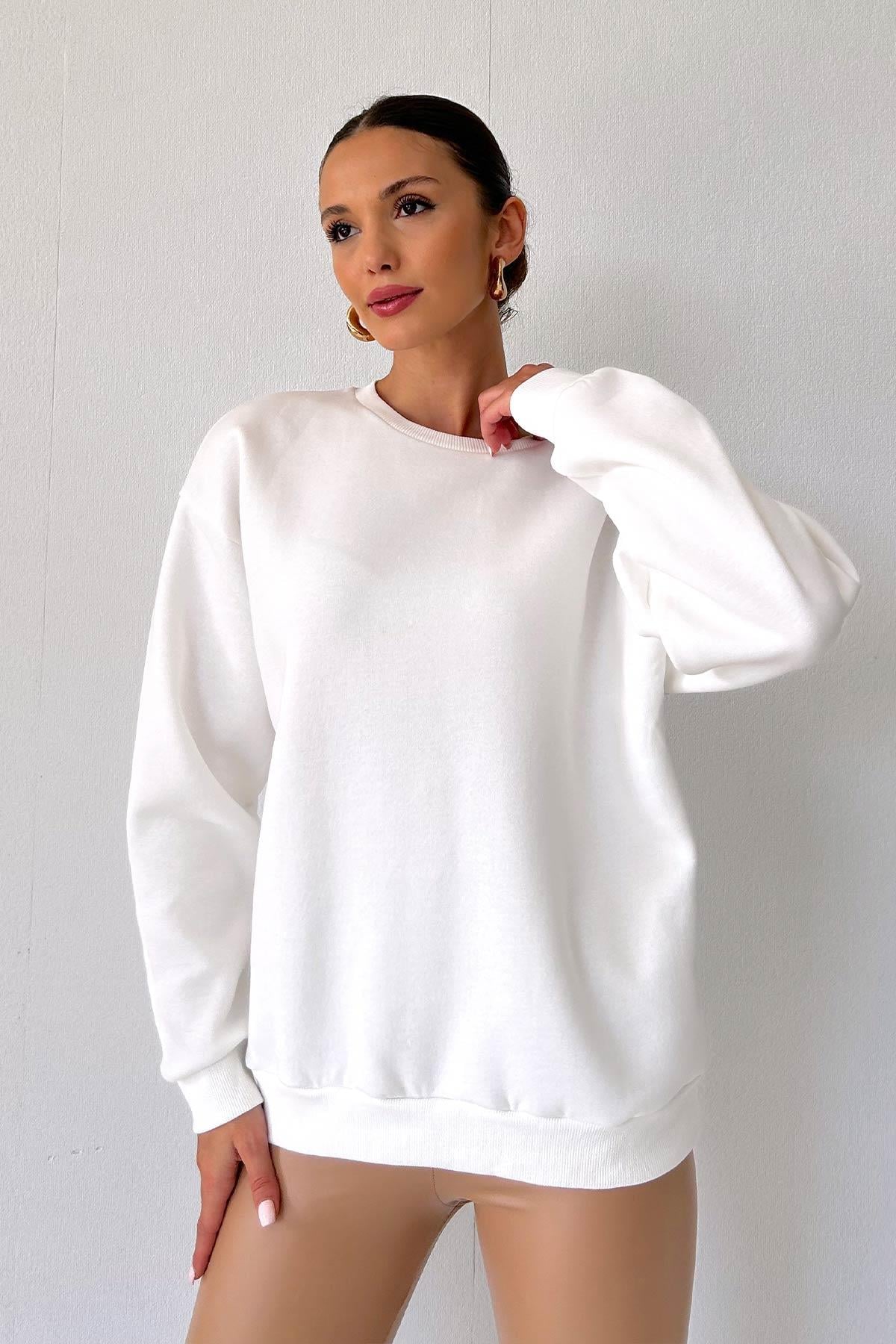 Bisiklet Yaka Şardonlu Kadın Sweatshirt - Beyaz