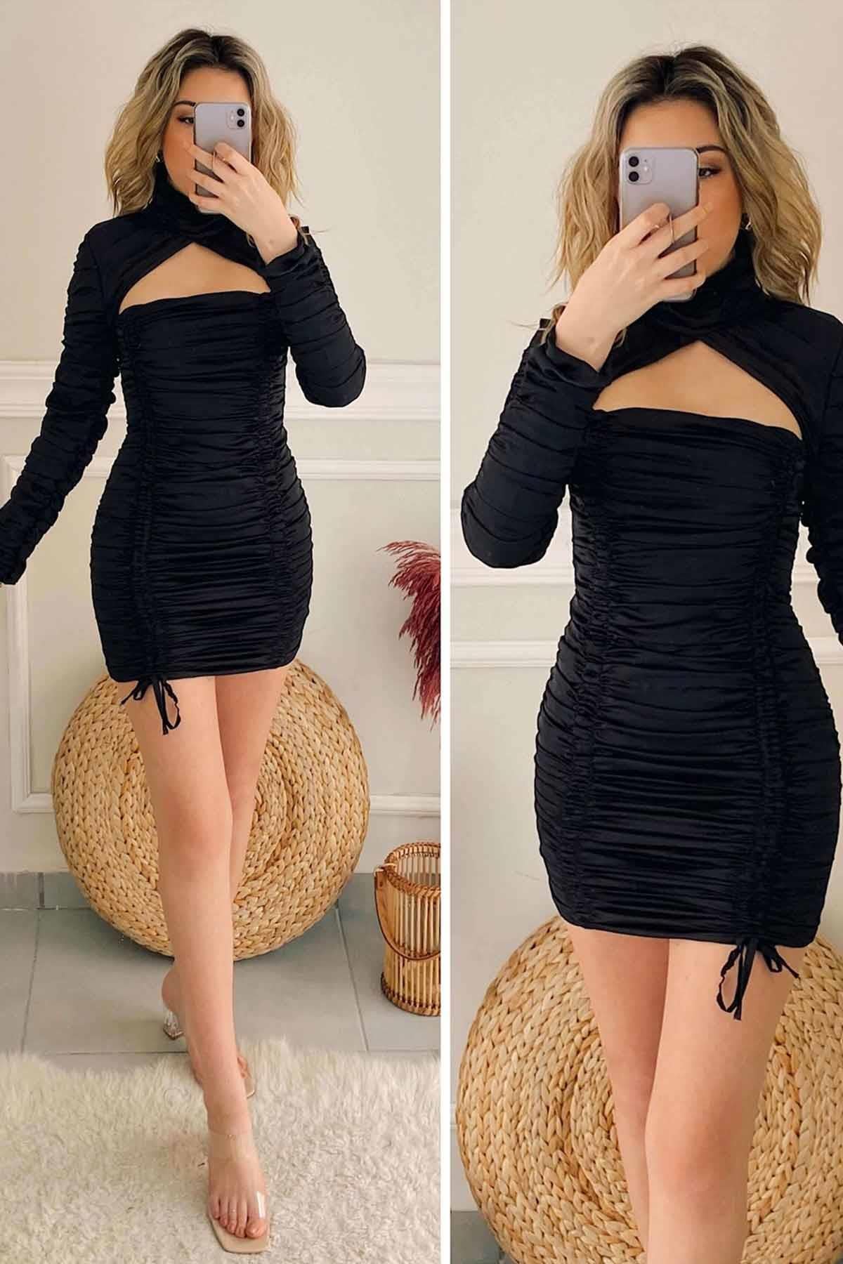 Boğazlı Gögüs Dekolte Drape Elbise