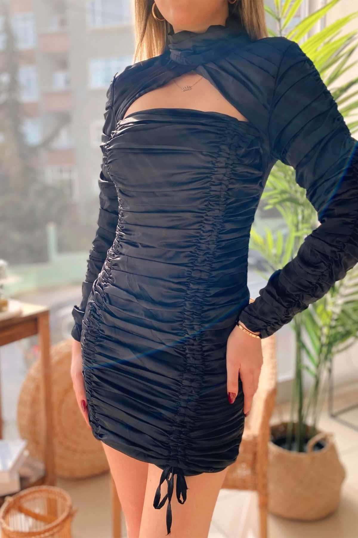 Boğazlı Gögüs Dekolte Drape Elbise