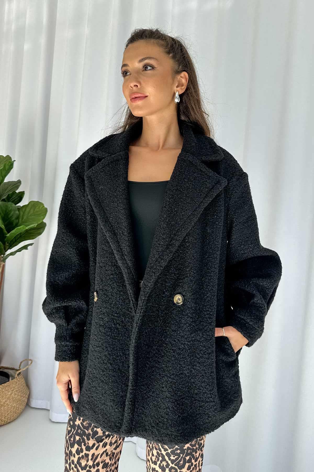 Buklet Kumaş Kadın Mont - Siyah
