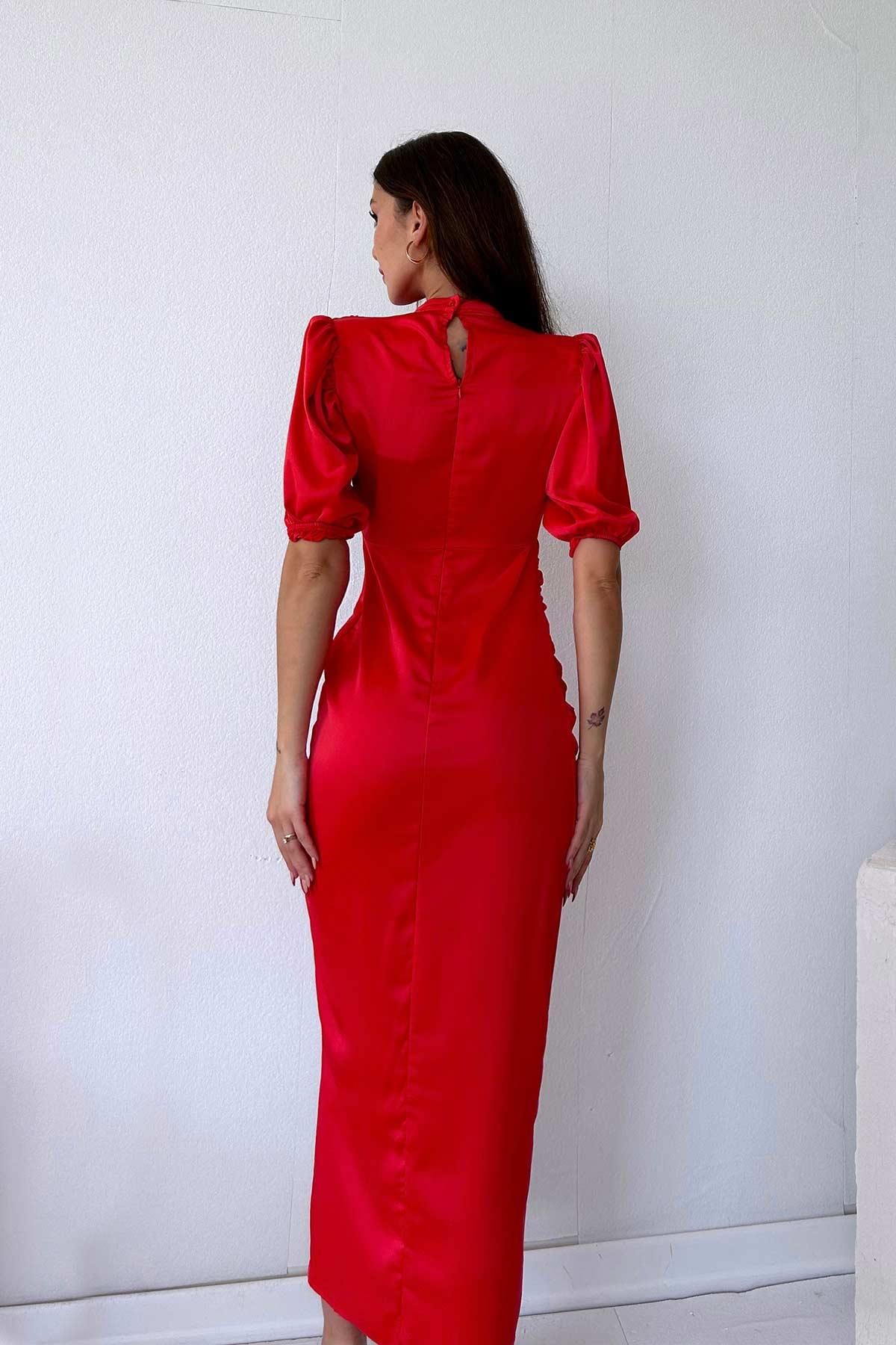 Büzgülü Saten Kadın Elbise - Nar Çiçeği