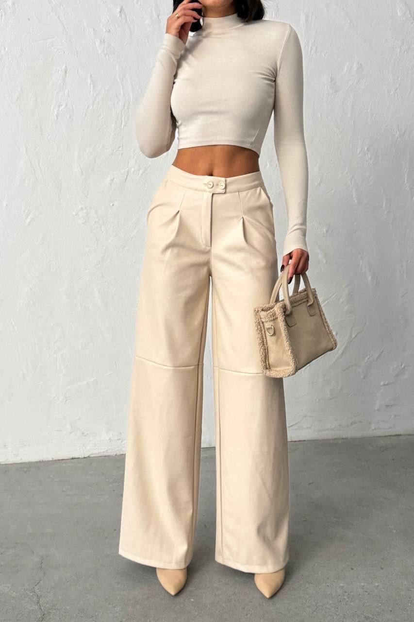 Çift Düğmeli Boru Paça Deri Pantolon - Bej
