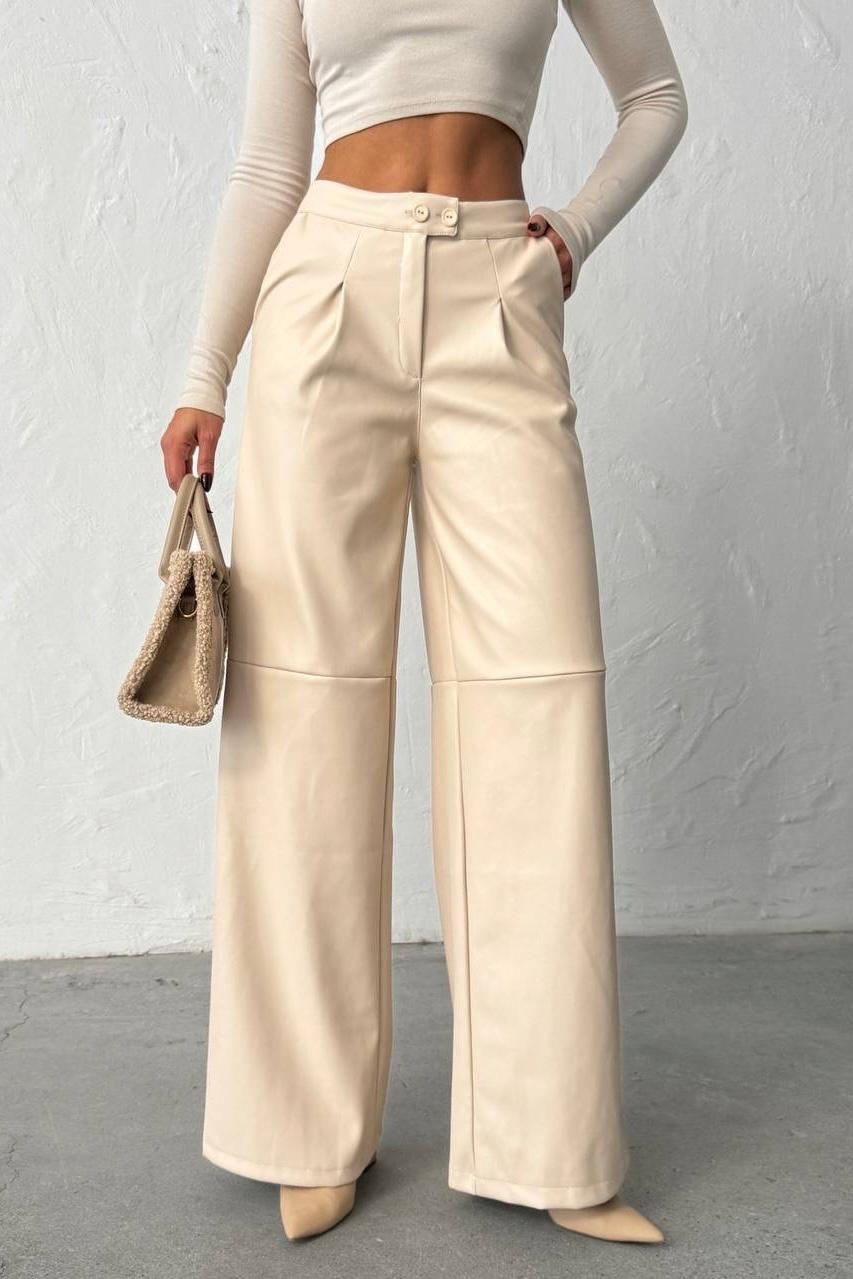 Çift Düğmeli Boru Paça Deri Pantolon - Bej