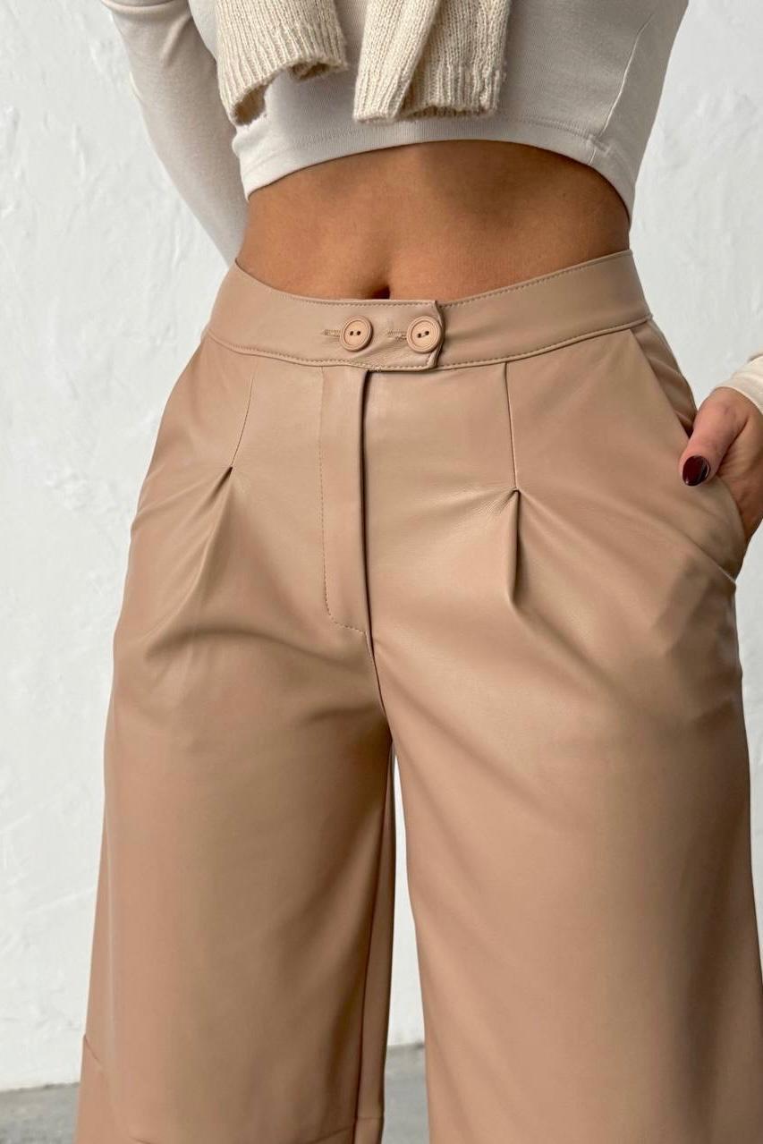 Çift Düğmeli Boru Paça Deri Pantolon - Vizon