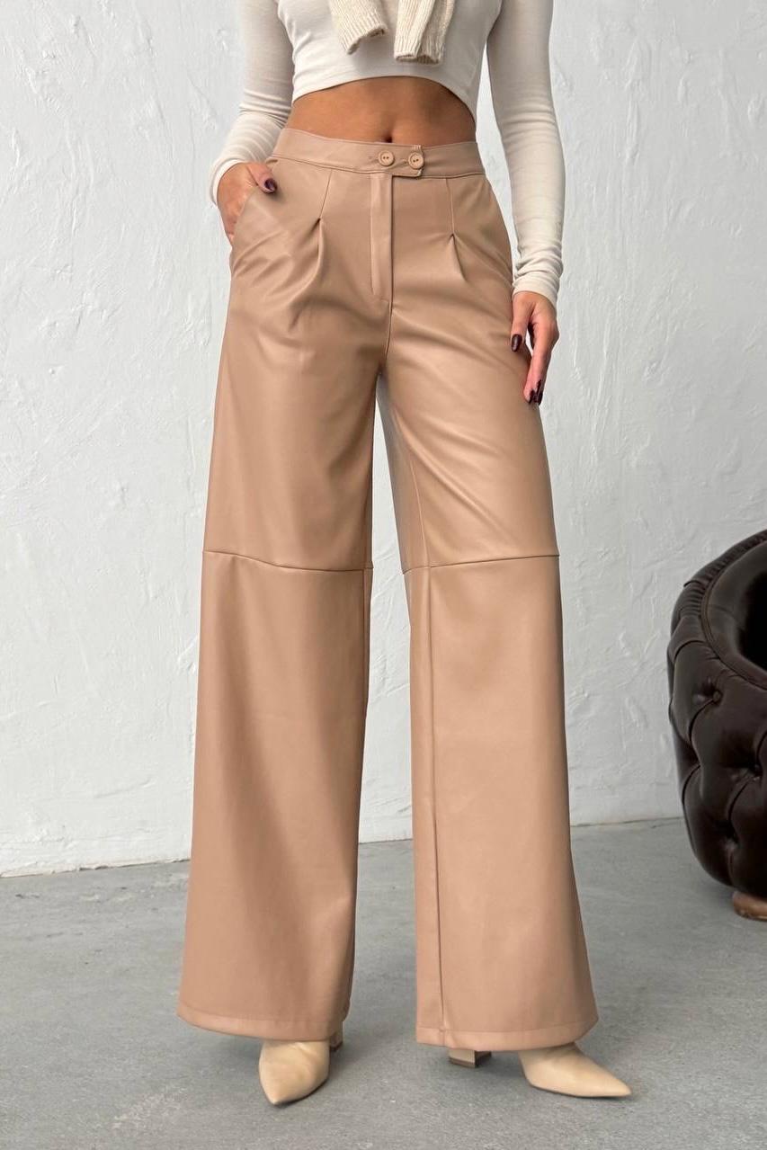 Çift Düğmeli Boru Paça Deri Pantolon - Vizon