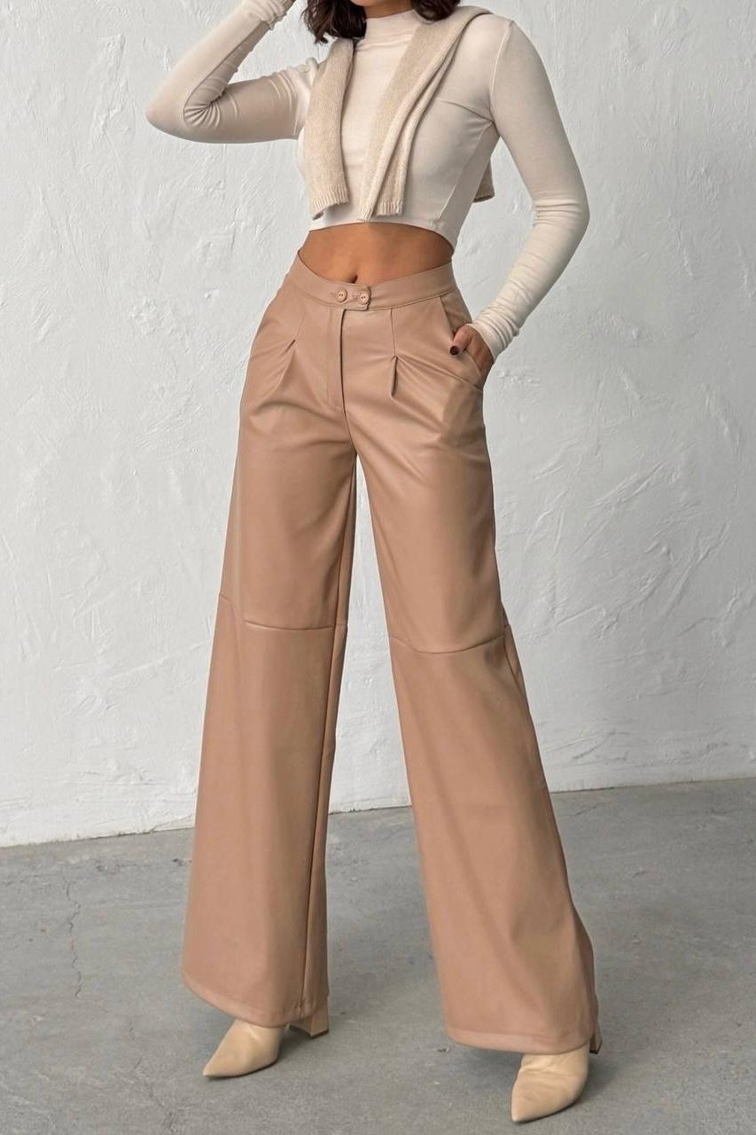 Çift Düğmeli Boru Paça Deri Pantolon - Vizon