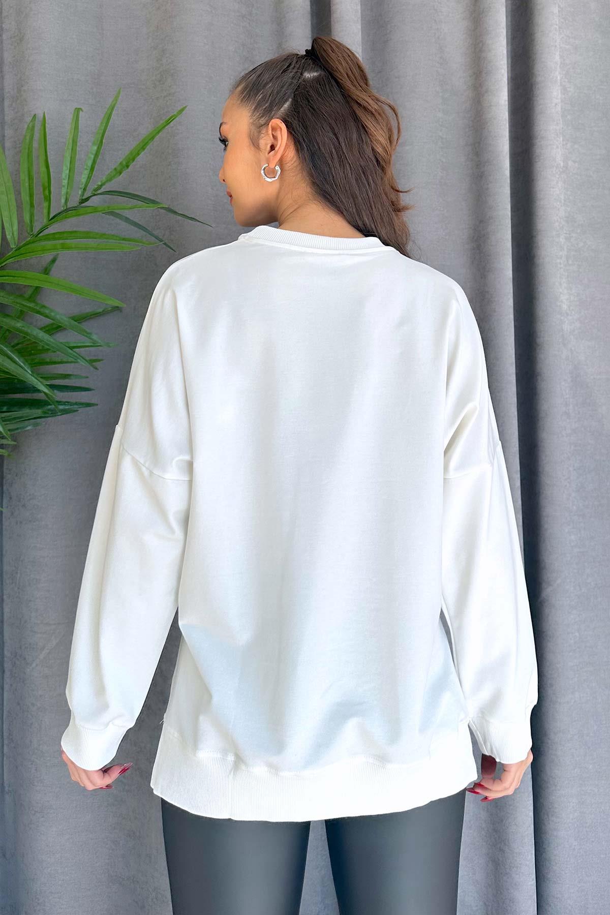 Düşük Omuz Kadın Basic Sweatshirt - Beyaz