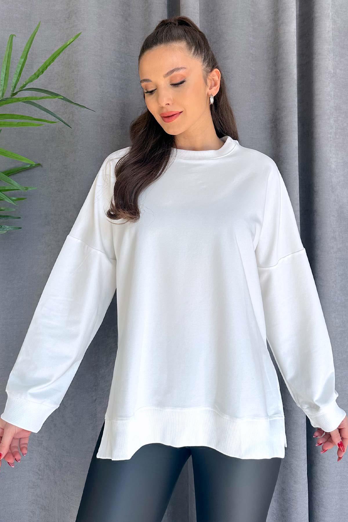 Düşük Omuz Kadın Basic Sweatshirt - Beyaz