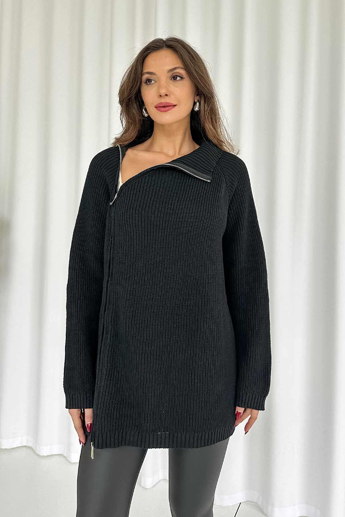 Fermuar Detay Tunik Triko - Siyah