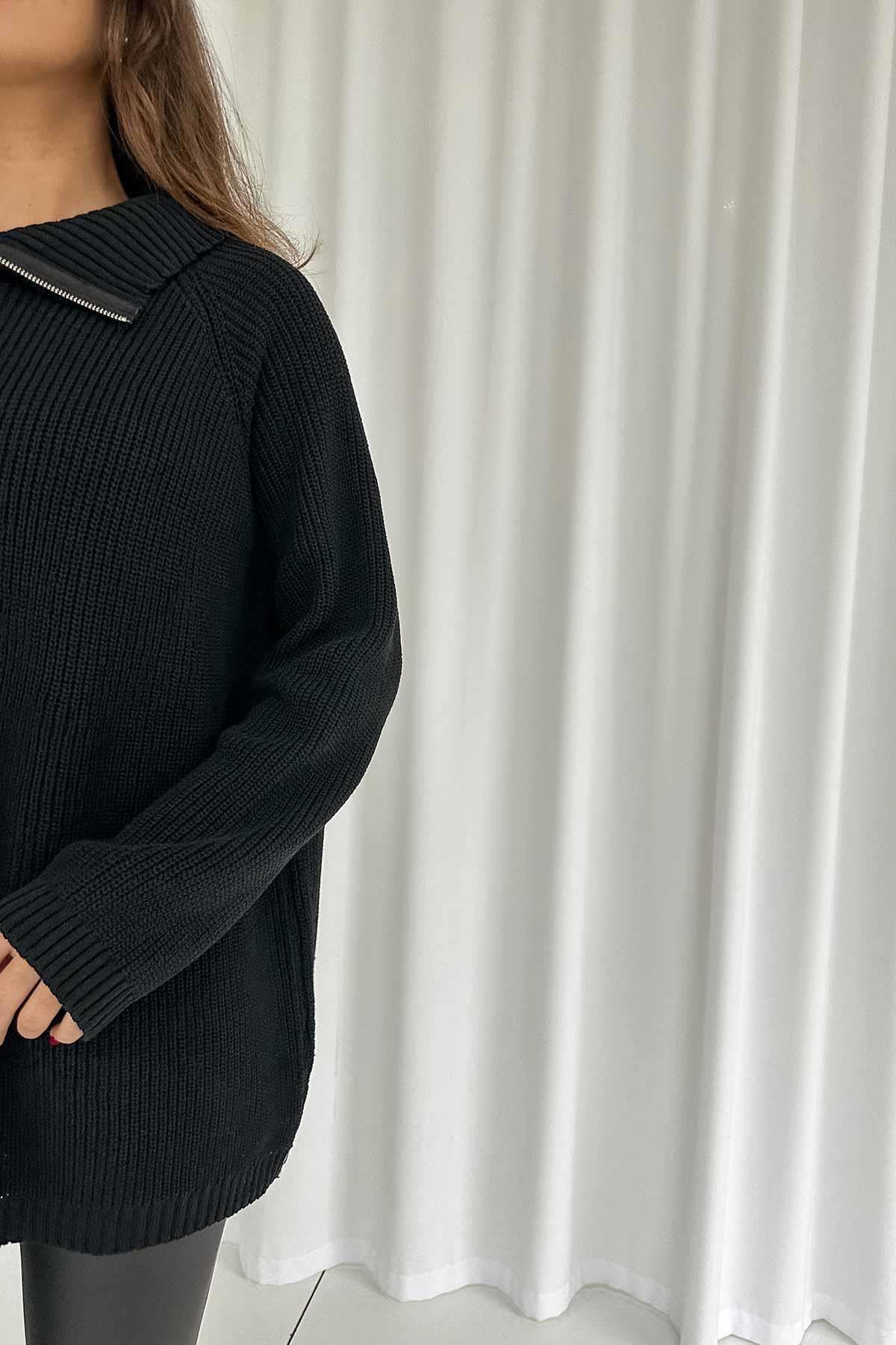 Fermuar Detay Tunik Triko - Siyah