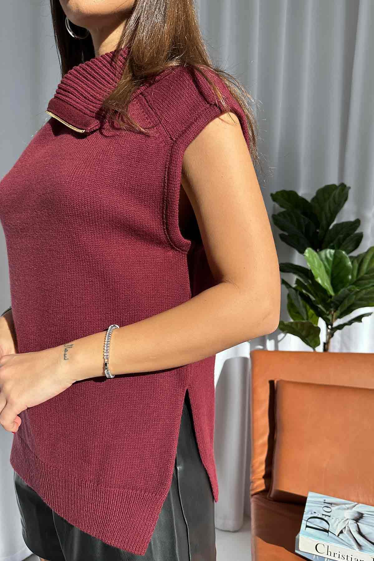 Fermuarlı Triko Süveter - Bordo