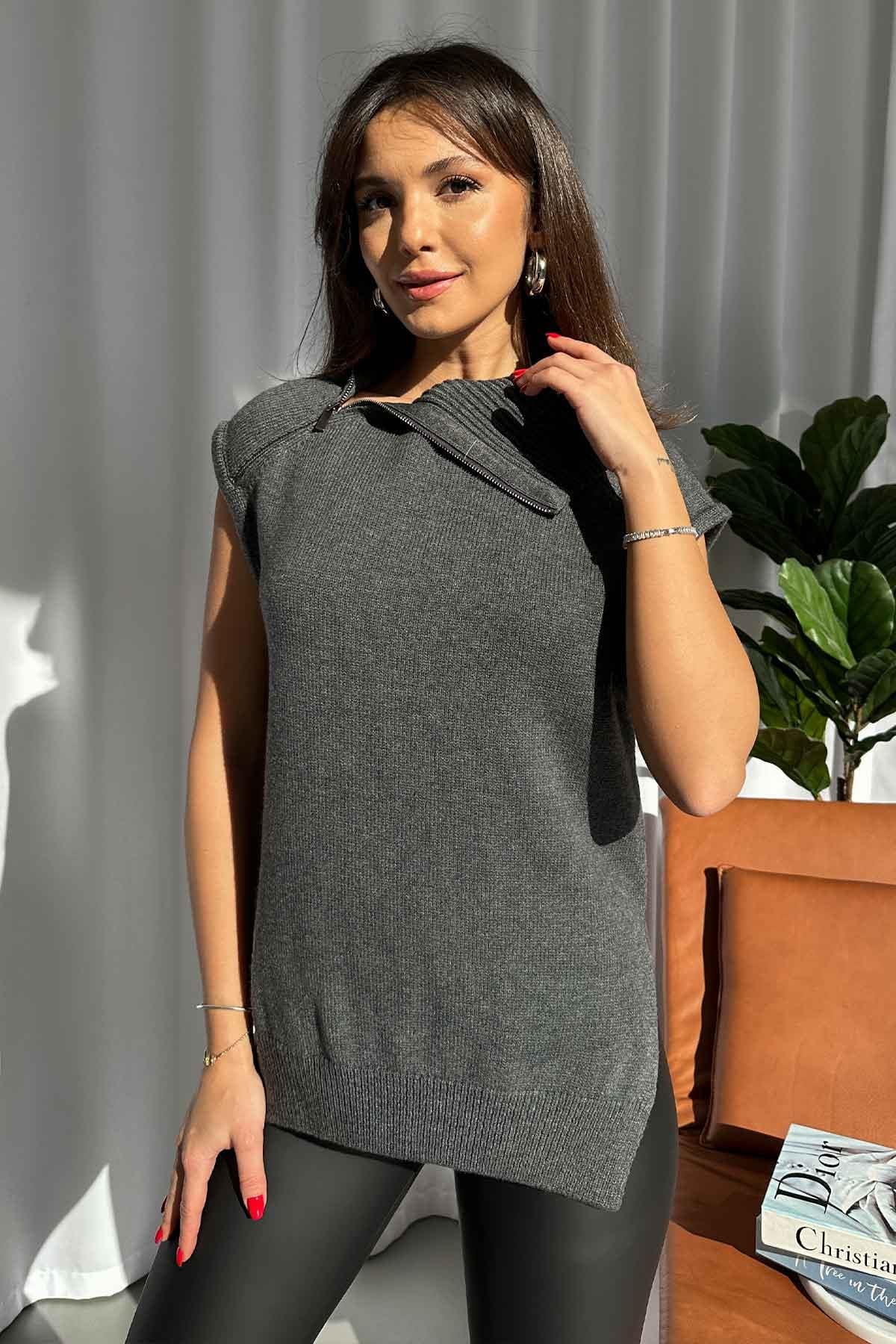 Fermuarlı Triko Süveter - Füme