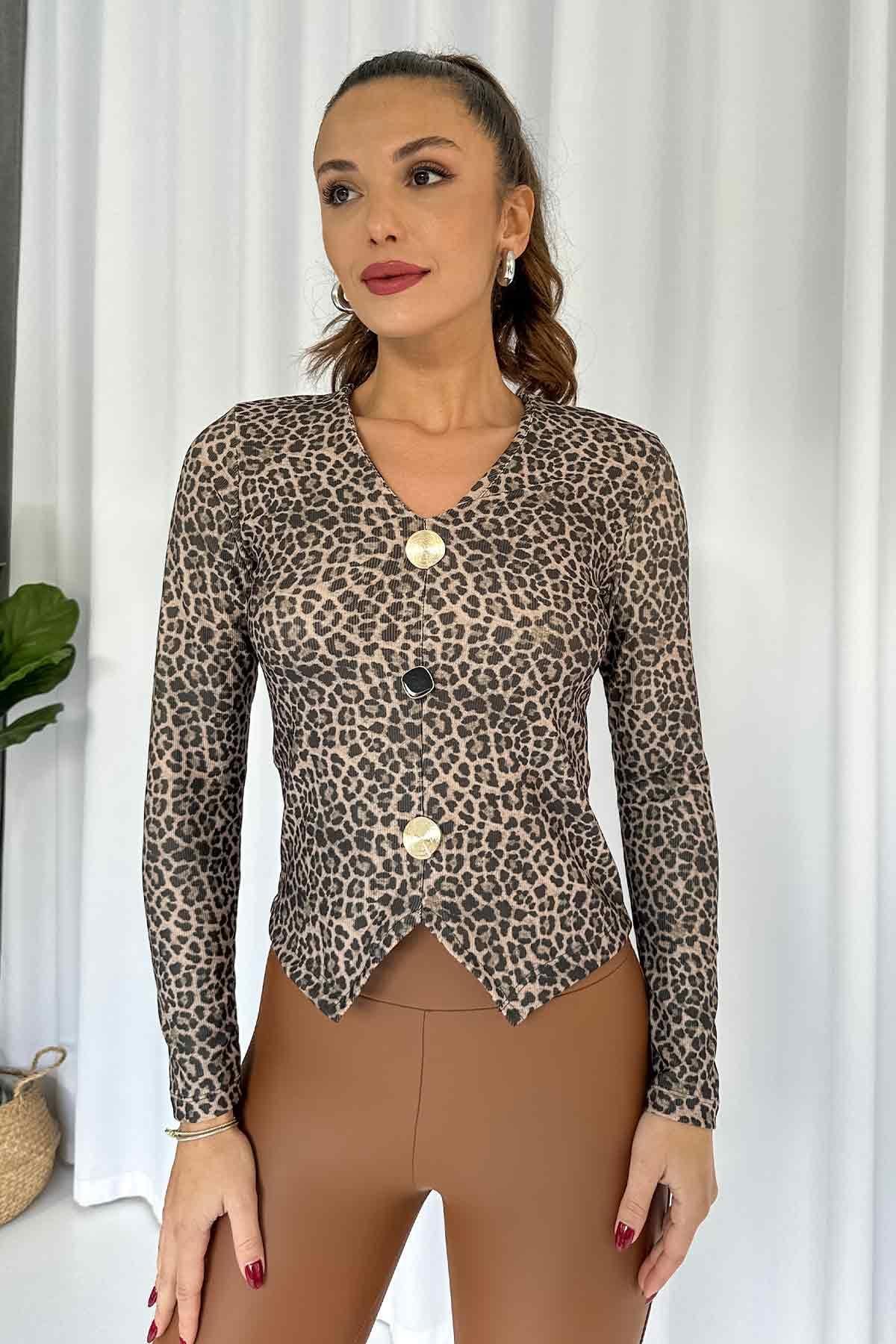 Gold Düğme Detay Leopar V Yaka Bluz - Kahverengi