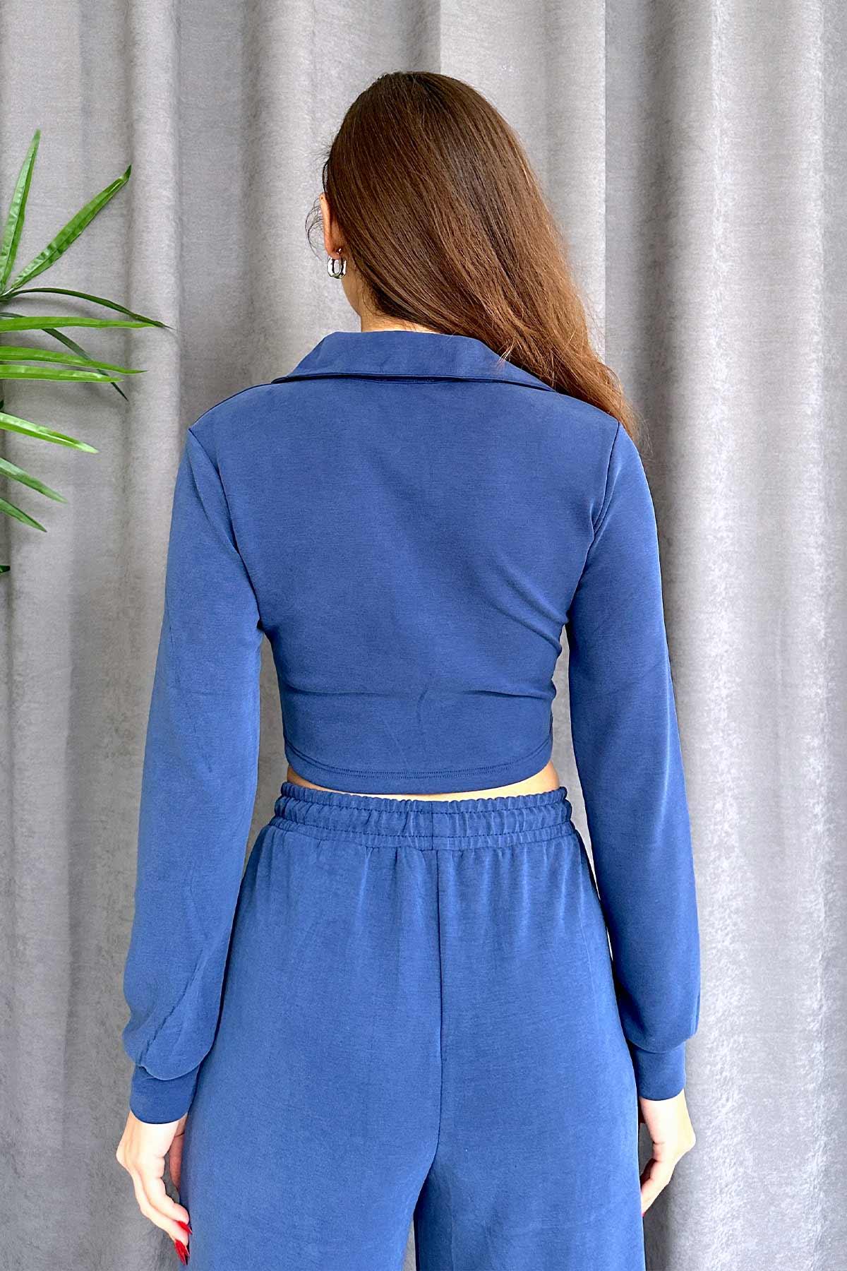 Gömlek Yaka Kısa Basic Sweatshirt - İndigo