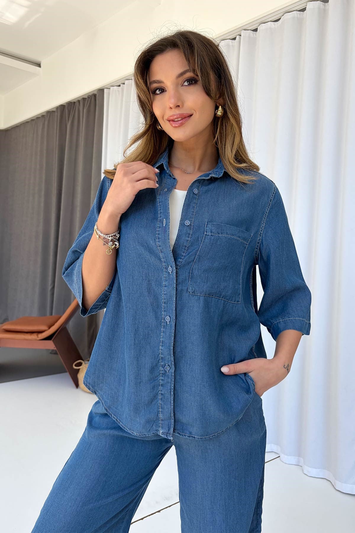 Gömlekli Tensel Denim Takım - Lacivert