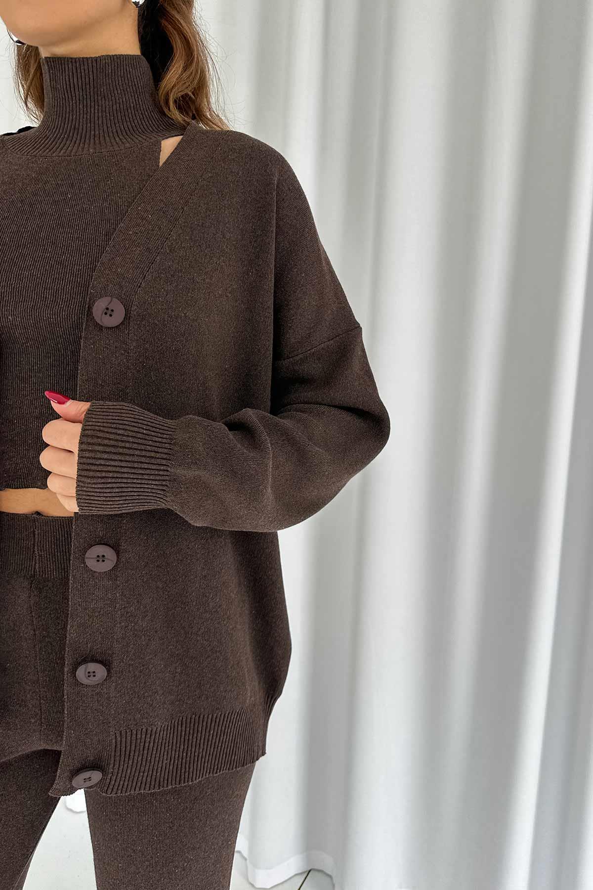 Halter Yaka Crop Hırka Pantolon 3lü Triko Takım - Kahverengi
