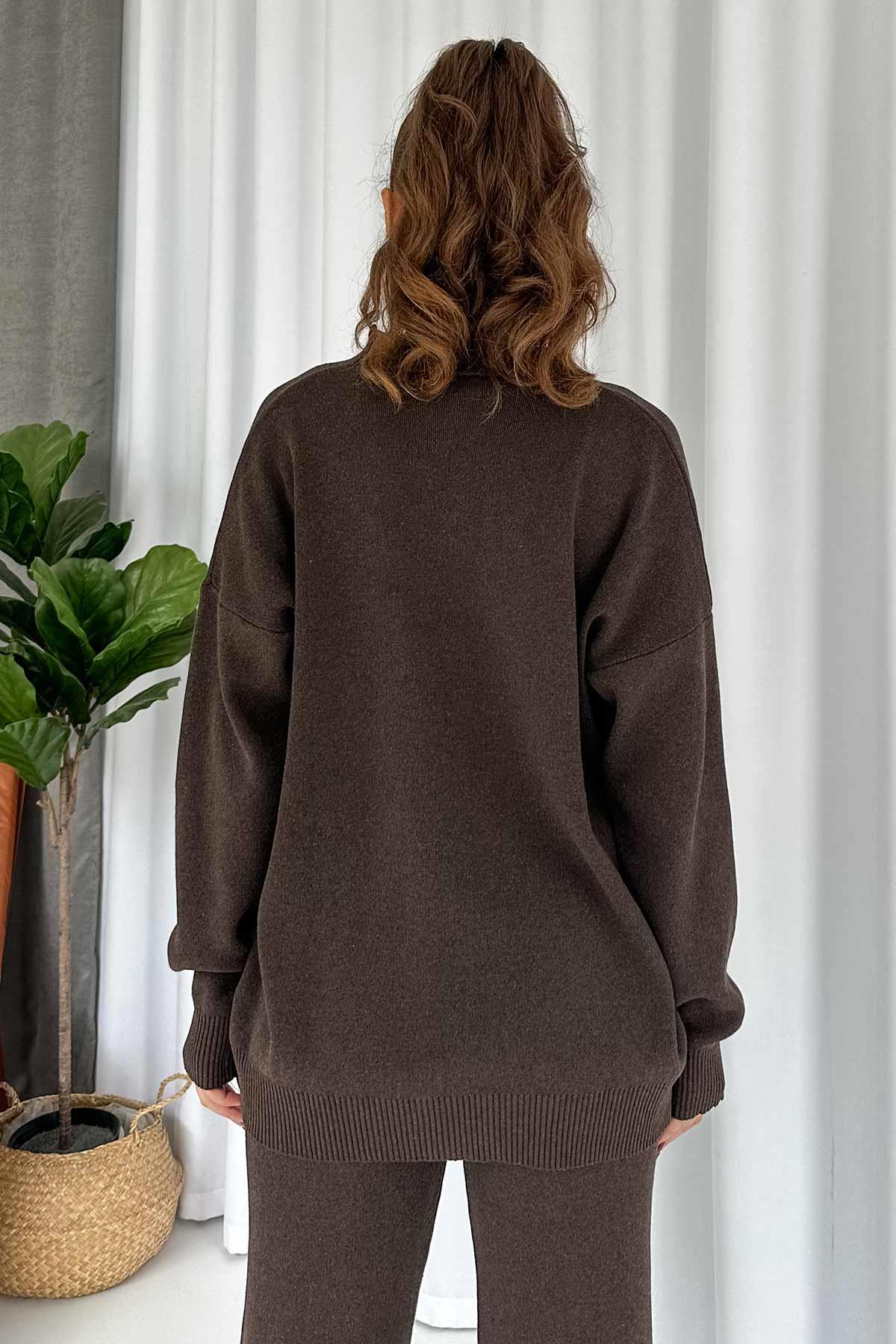 Halter Yaka Crop Hırka Pantolon 3lü Triko Takım - Kahverengi