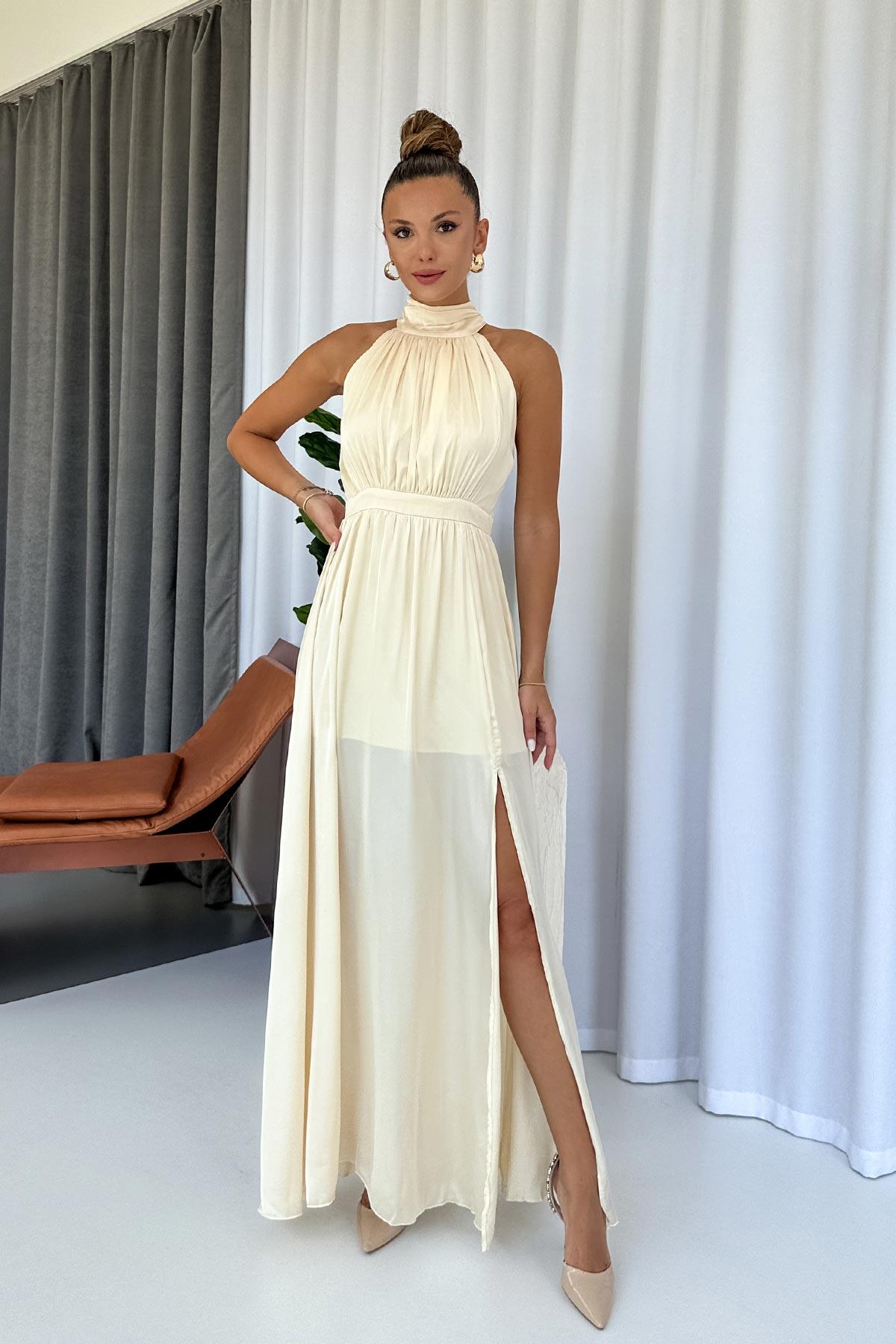 Halter Yaka Saten Kadın Elbise -Bej