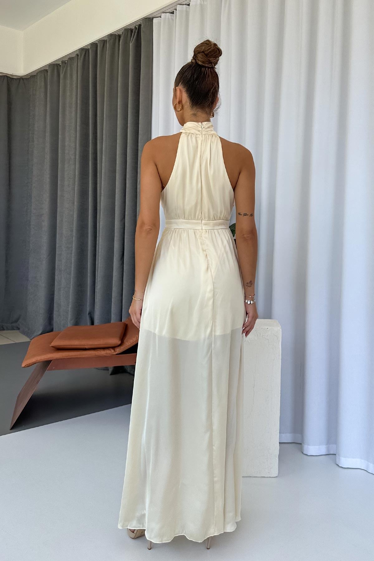 Halter Yaka Saten Kadın Elbise -Bej