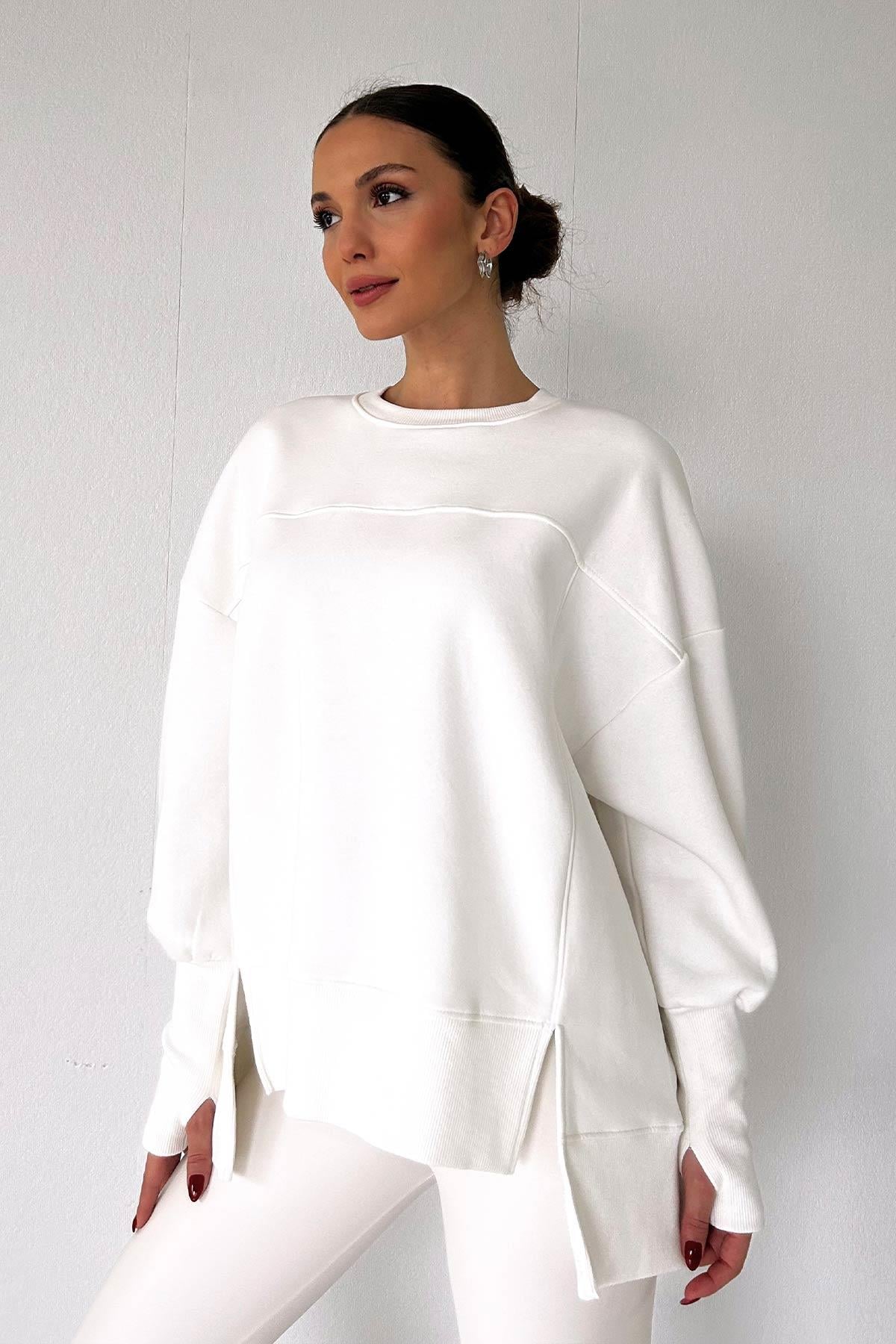 İçi Şardonlu 3 iplik Parmak Detaylı Kadın Sweatshirt - Beyaz