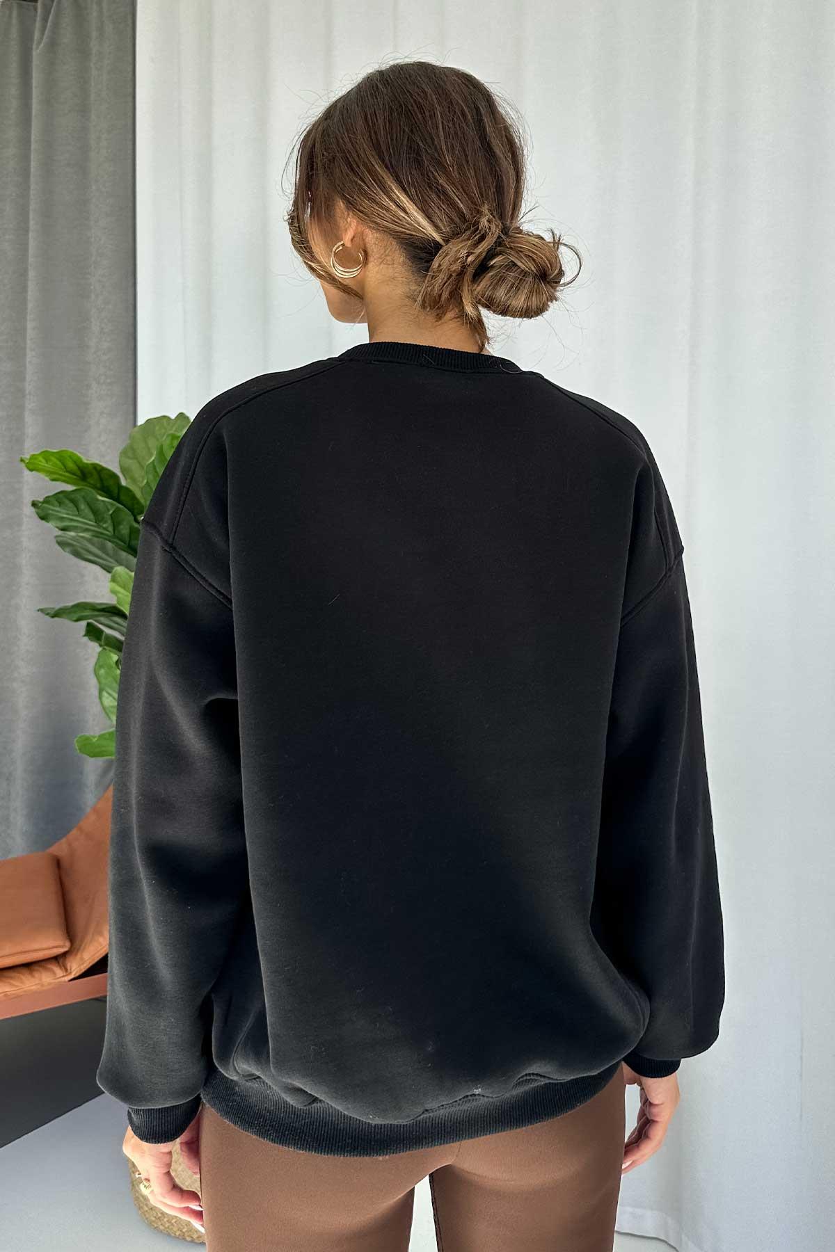 İçi Şardonlu Bisiklet Yaka 3 Renk Kadın Sweatshirt - Siyah