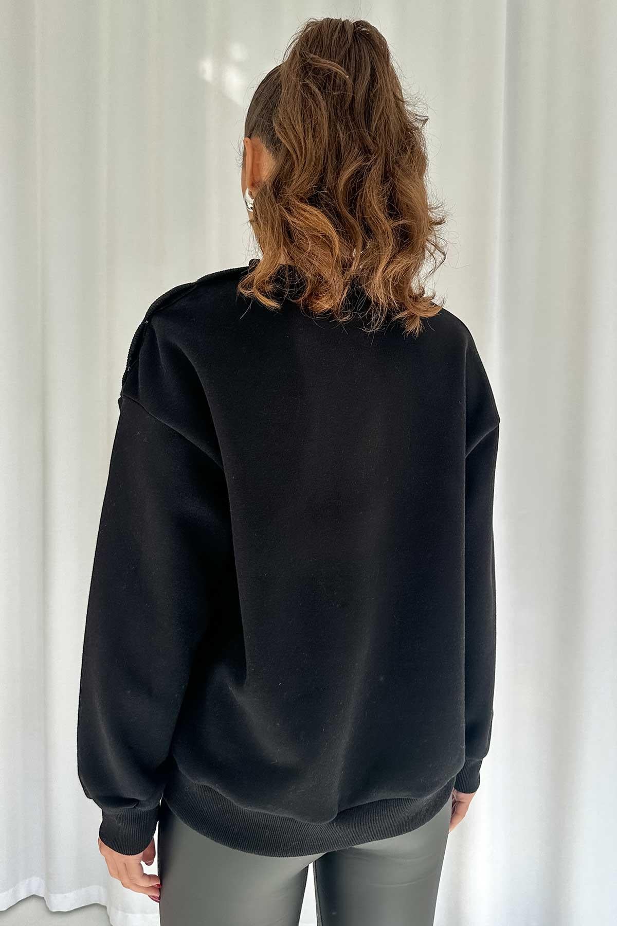 İçi Şardonlu Düşük Omuz Detaylı Kadın Sweatshirt - Siyah