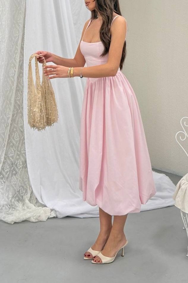 İnce Askılı Belden Oturan Balon Etekli Kadın Elbise - Pembe