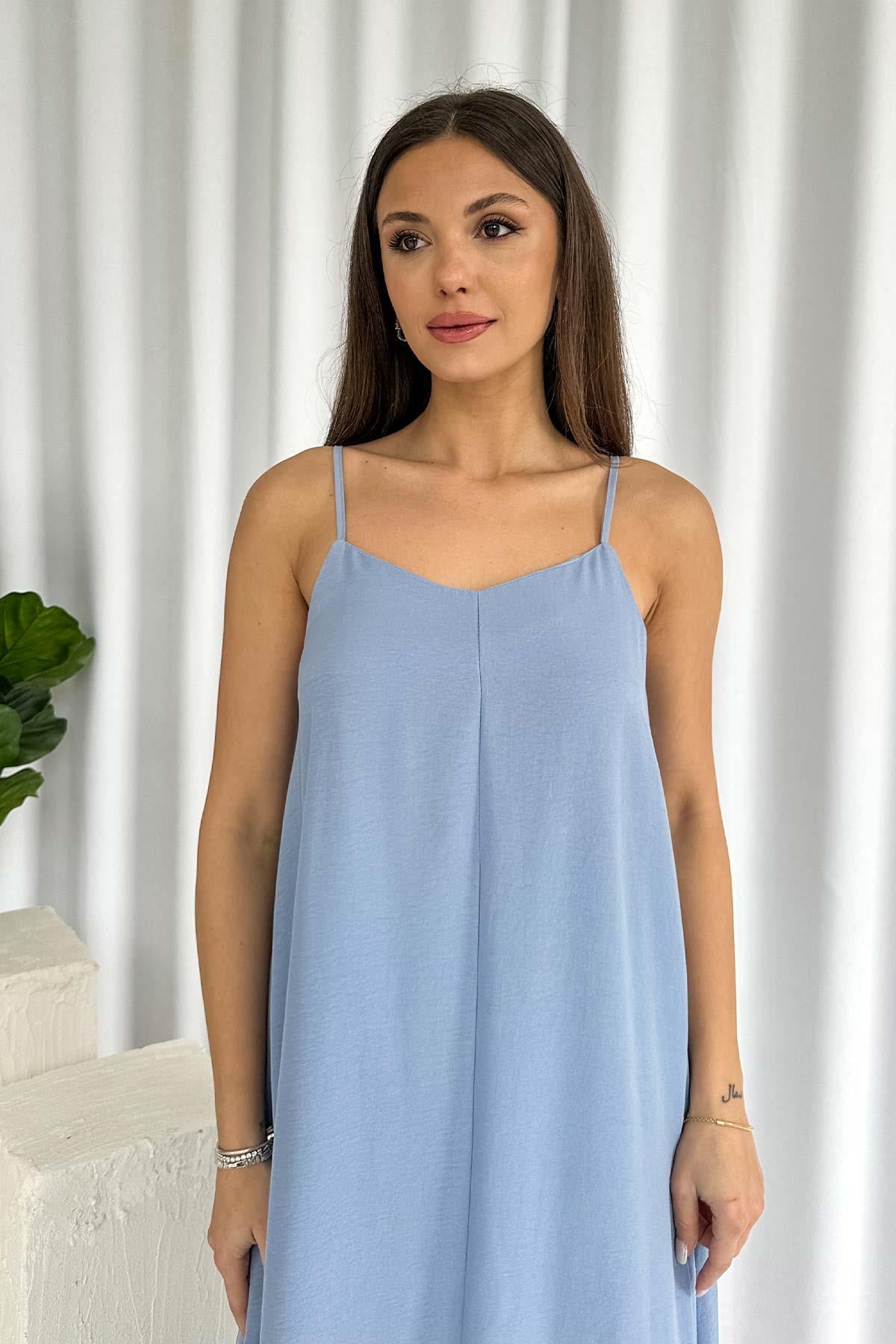 İnce Askılı V Yaka Uzun Elbise - Bebe Mavi