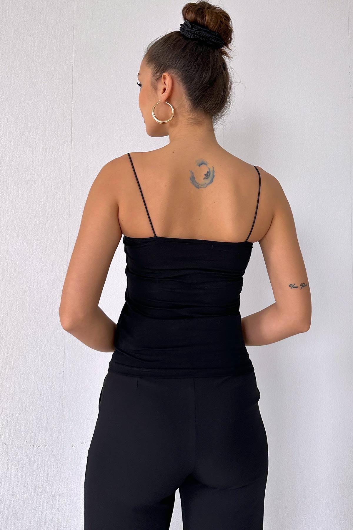 İp Askılı Uzun Crop - Siyah