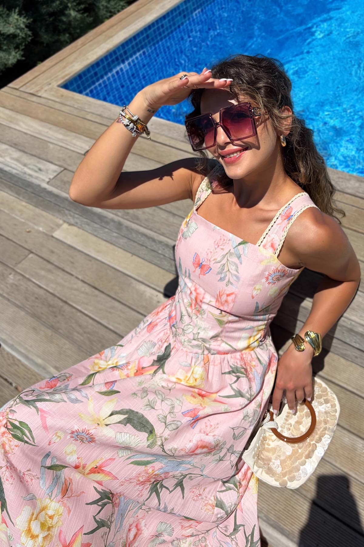 Kalın Askılı Kare Yaka Çiçek Desenli Elbise - Pembe