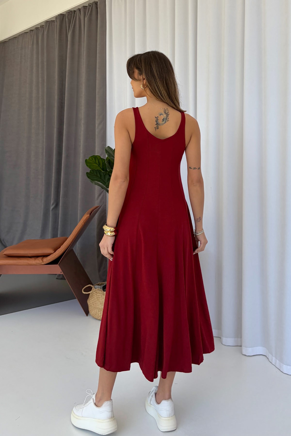 Kalın Askılı Modal Kumaş Kadın Midi Boy Elbise - Bordo