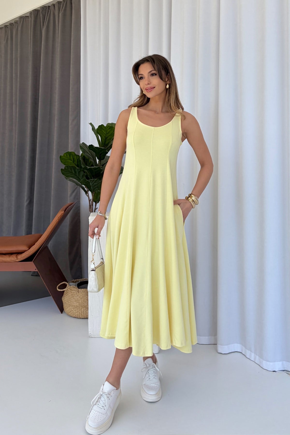Kalın Askılı Modal Kumaş Kadın Midi Boy Elbise - Sarı
