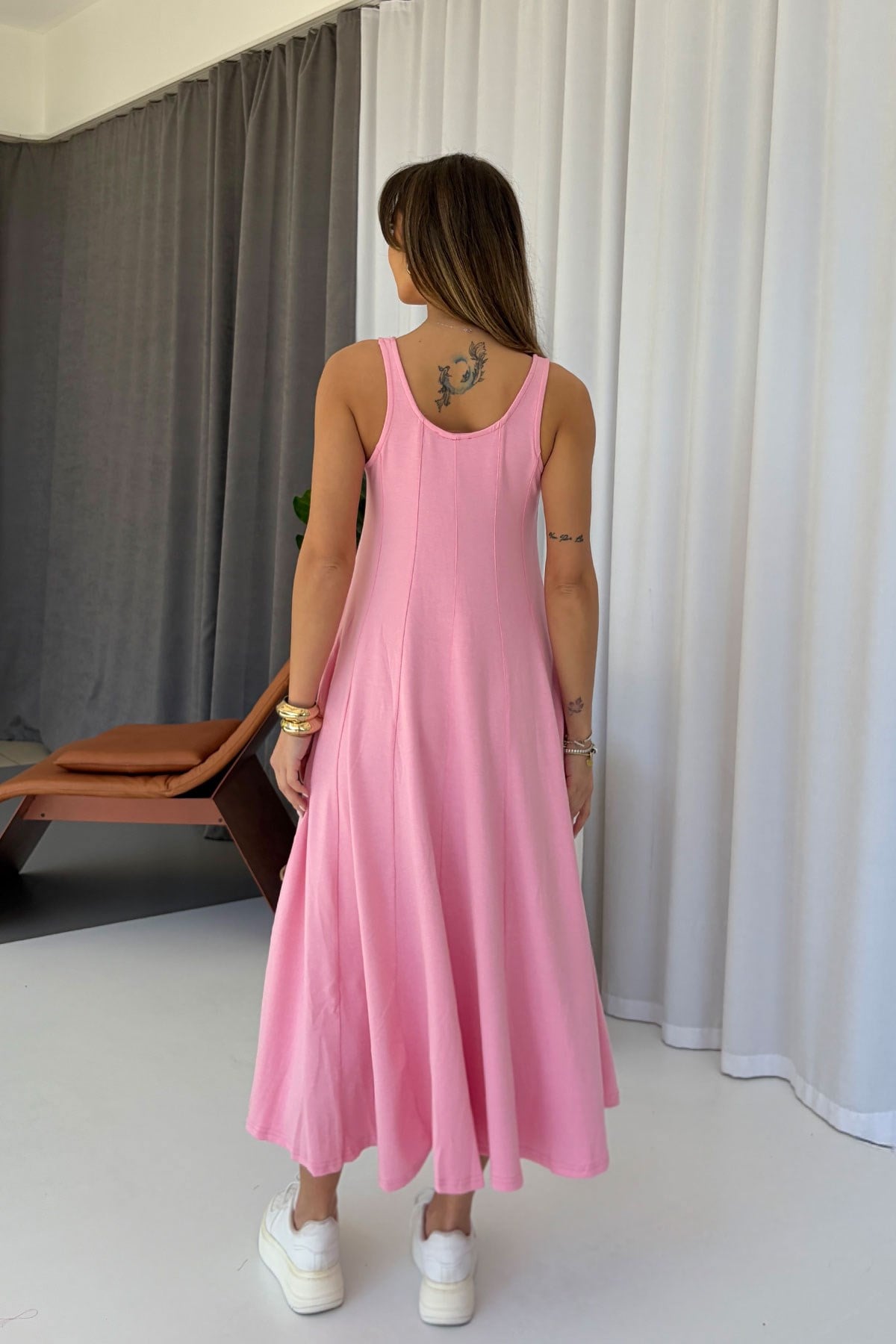 Kalın Askılı Modal Kumaş Kadın Midi Boy Elbise - Pembe