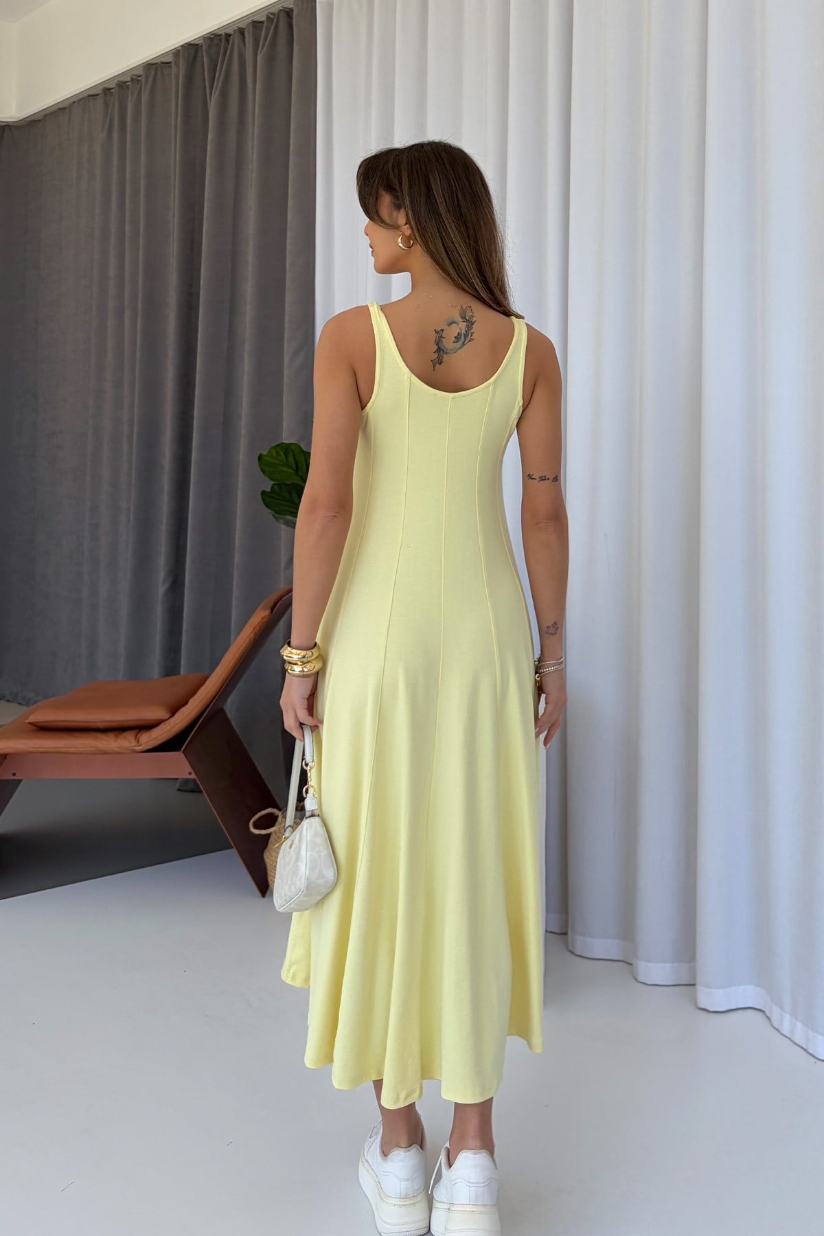 Kalın Askılı Modal Kumaş Kadın Midi Boy Elbise - Sarı