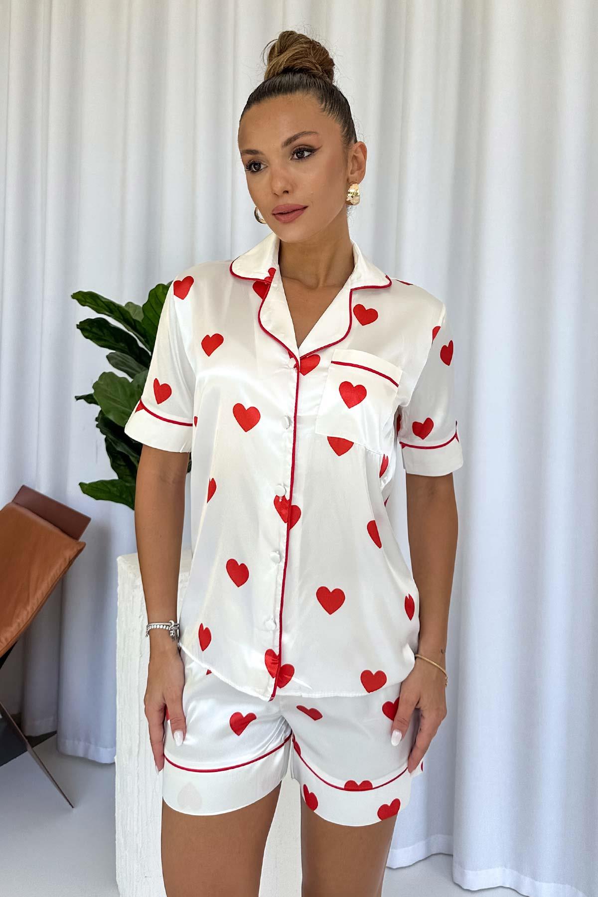 Kalp Desenli Şortlu Saten Pijama Takım - Beyaz