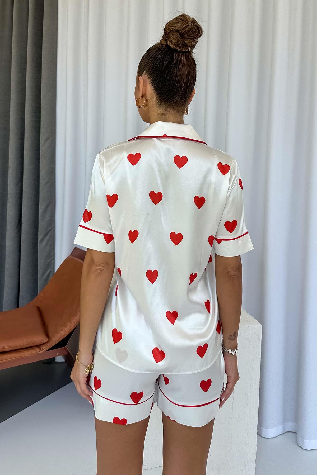 Kalp Desenli Şortlu Saten Pijama Takım - Beyaz