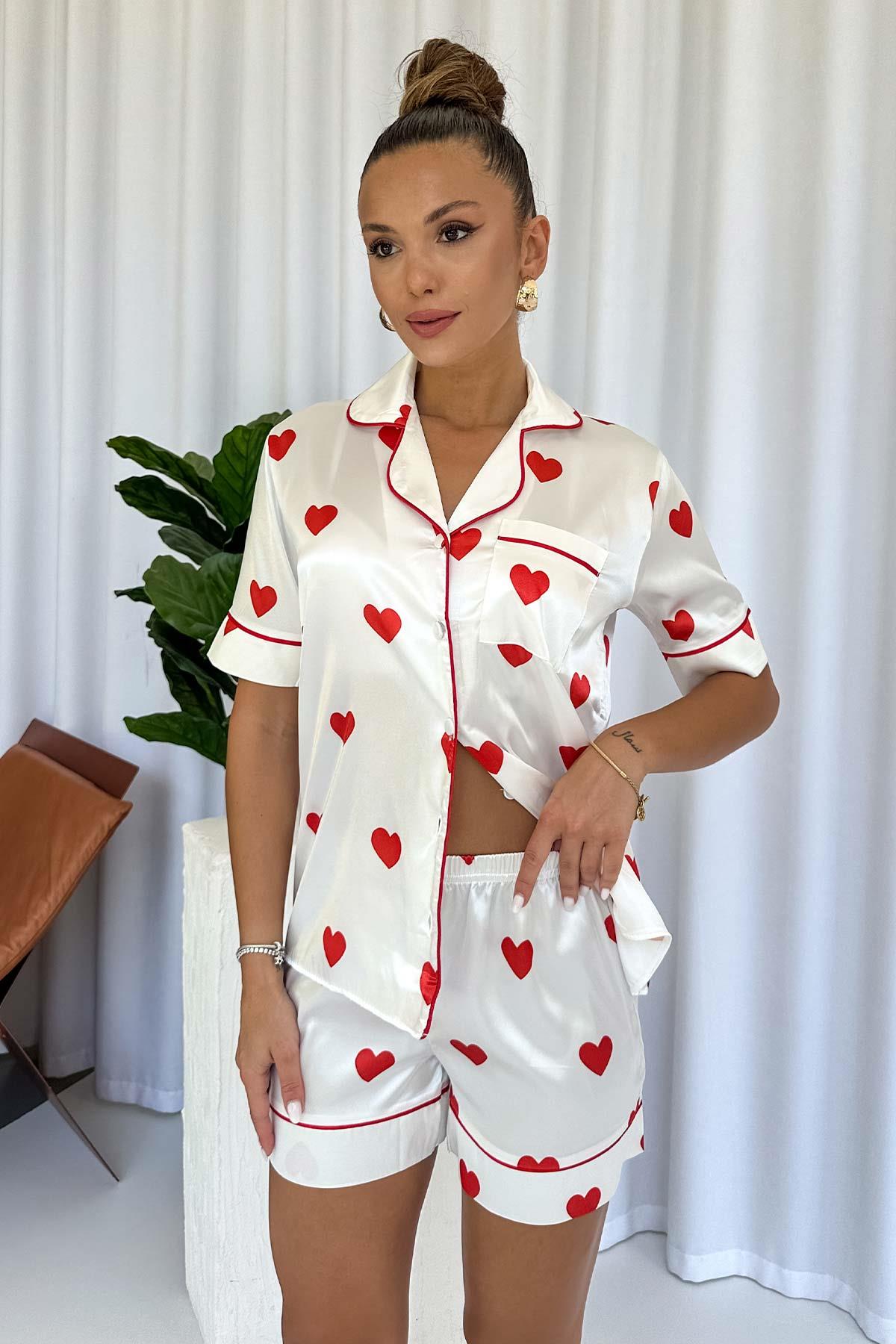 Kalp Desenli Şortlu Saten Pijama Takım - Beyaz