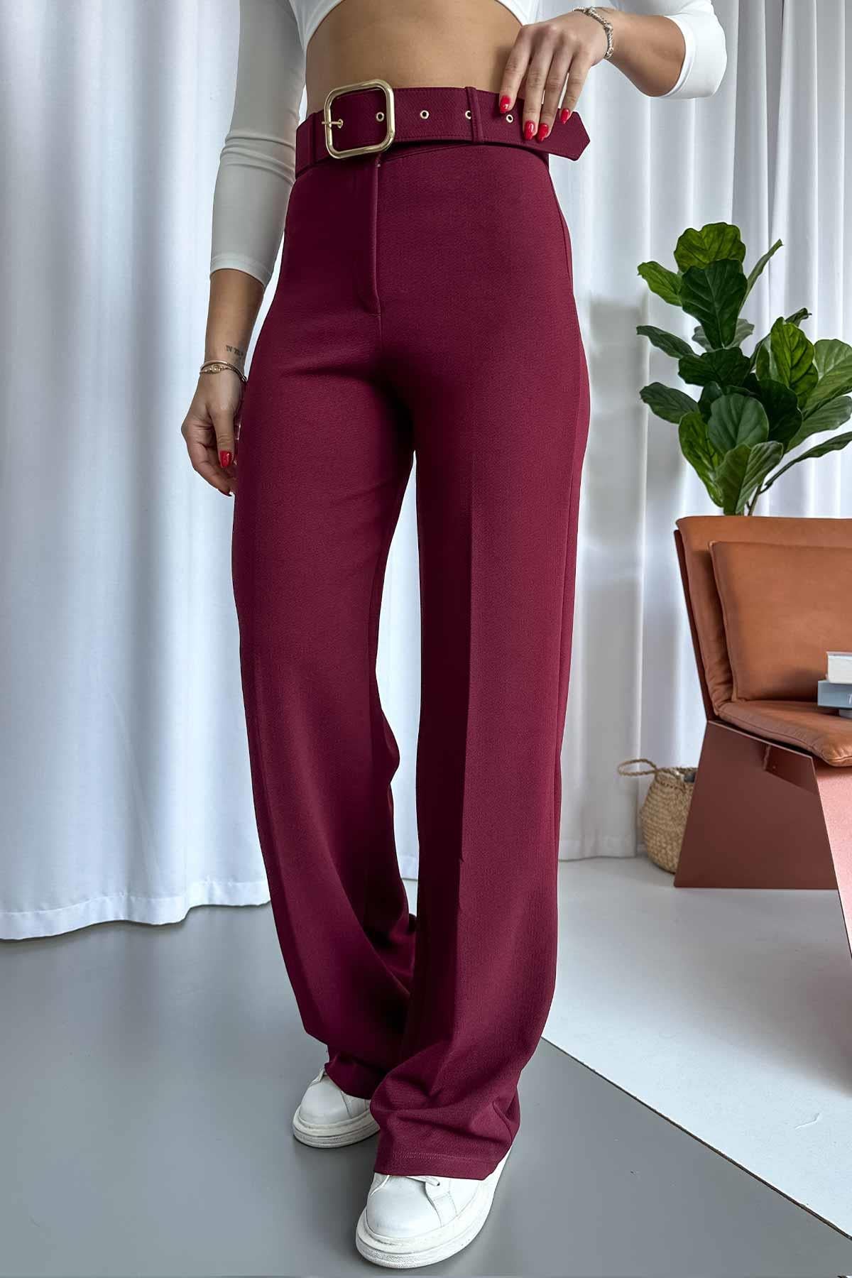Kaplama Kemerli Krep Palazzo Kadın Pantolon - Bordo