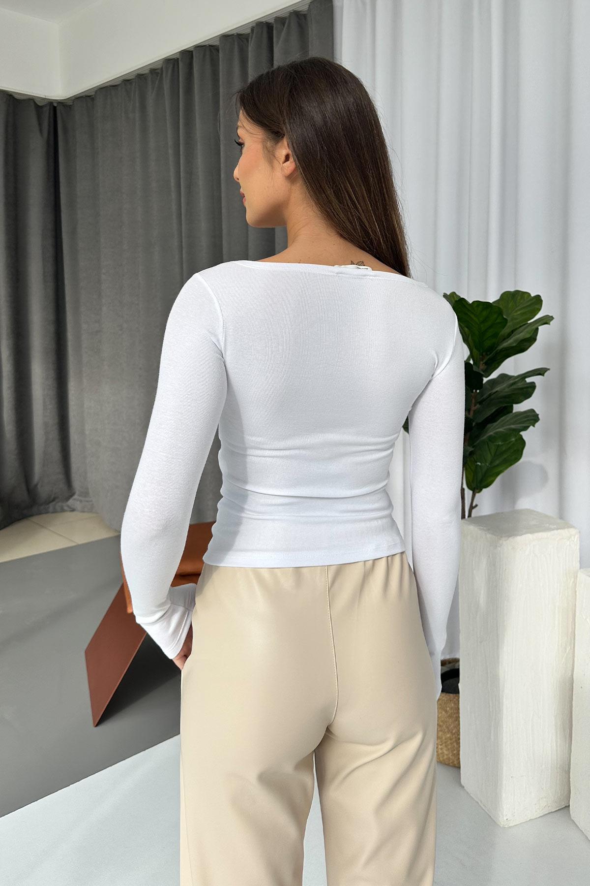 Kayık Yaka Basic Kadın Body - Beyaz
